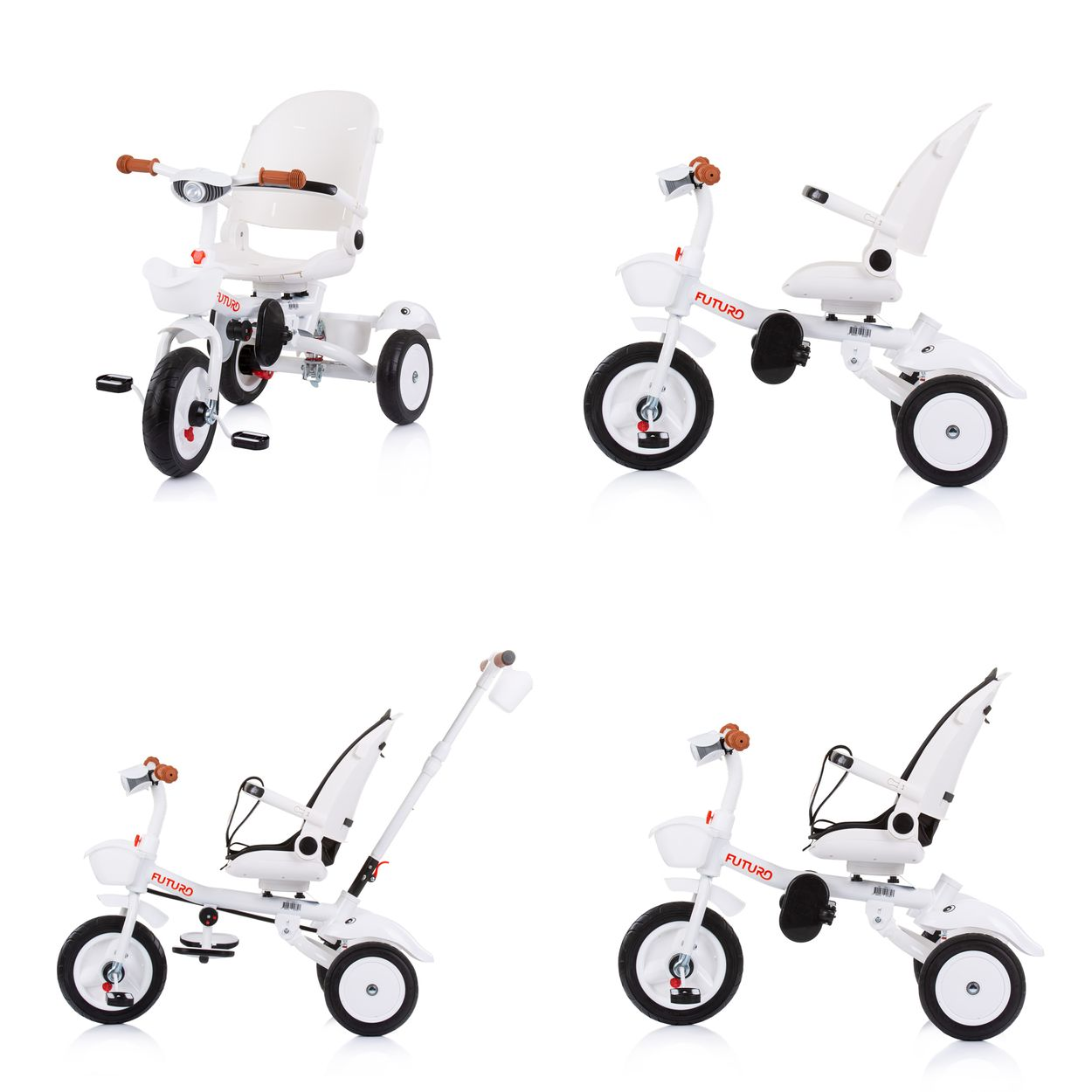 Triciclo bianco, varie angolazioni, con etichetta 'FUTURO'.