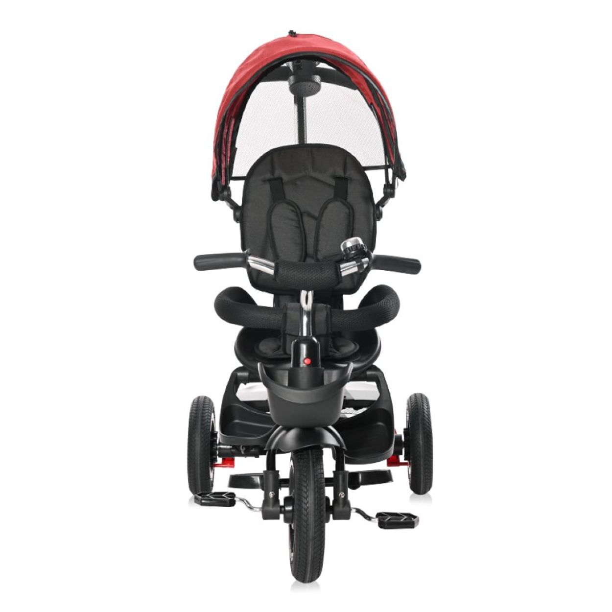 Vista frontal de un triciclo con sombrilla roja, asiento negro y tres ruedas negras, sobre fondo blanco.