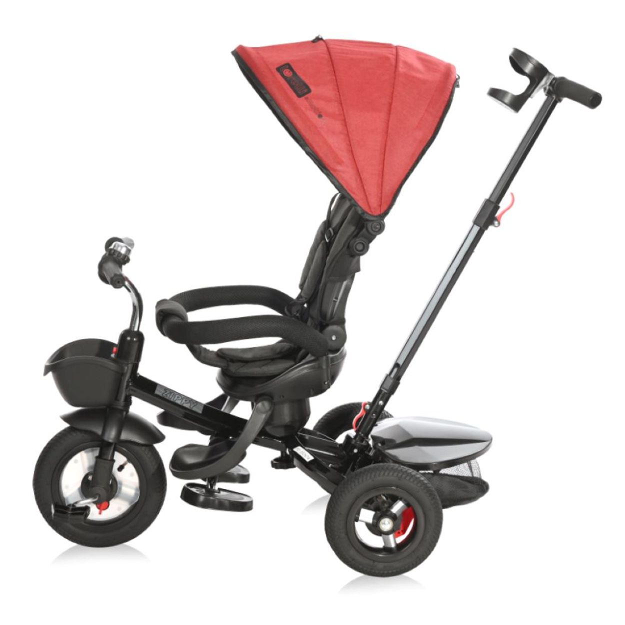 Triciclo negro y rojo con toldo rojo, asiento negro y cesta negra.