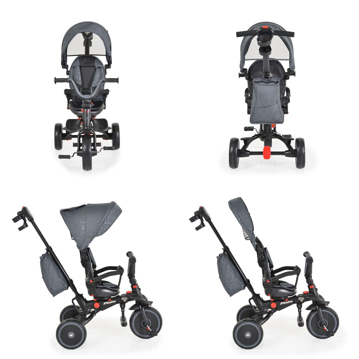 Una serie de imágenes de triciclos, mostrando diferentes vistas del triciclo gris y negro para niños.
