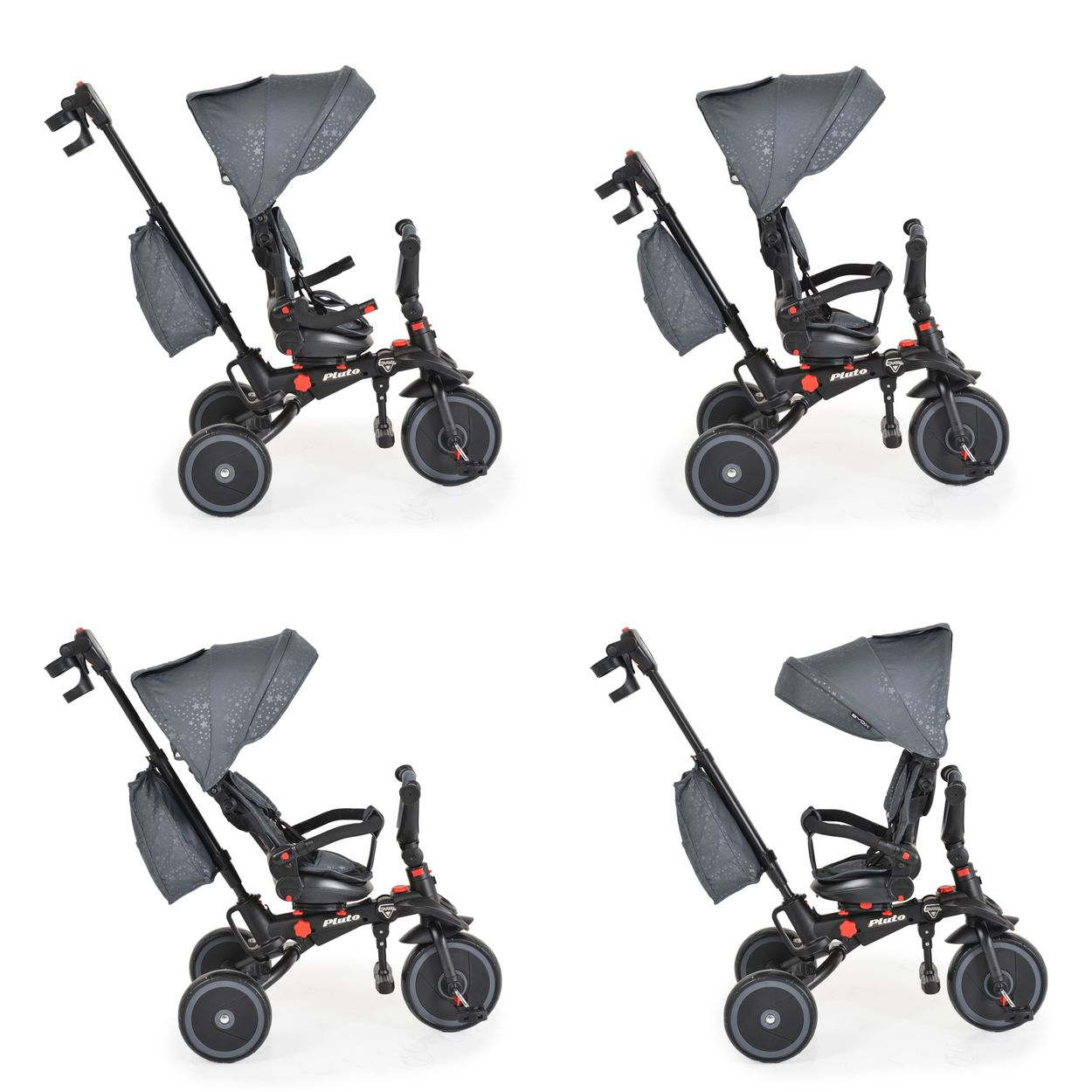 Cuatro imágenes de un triciclo gris y negro para un niño. Fondo blanco.