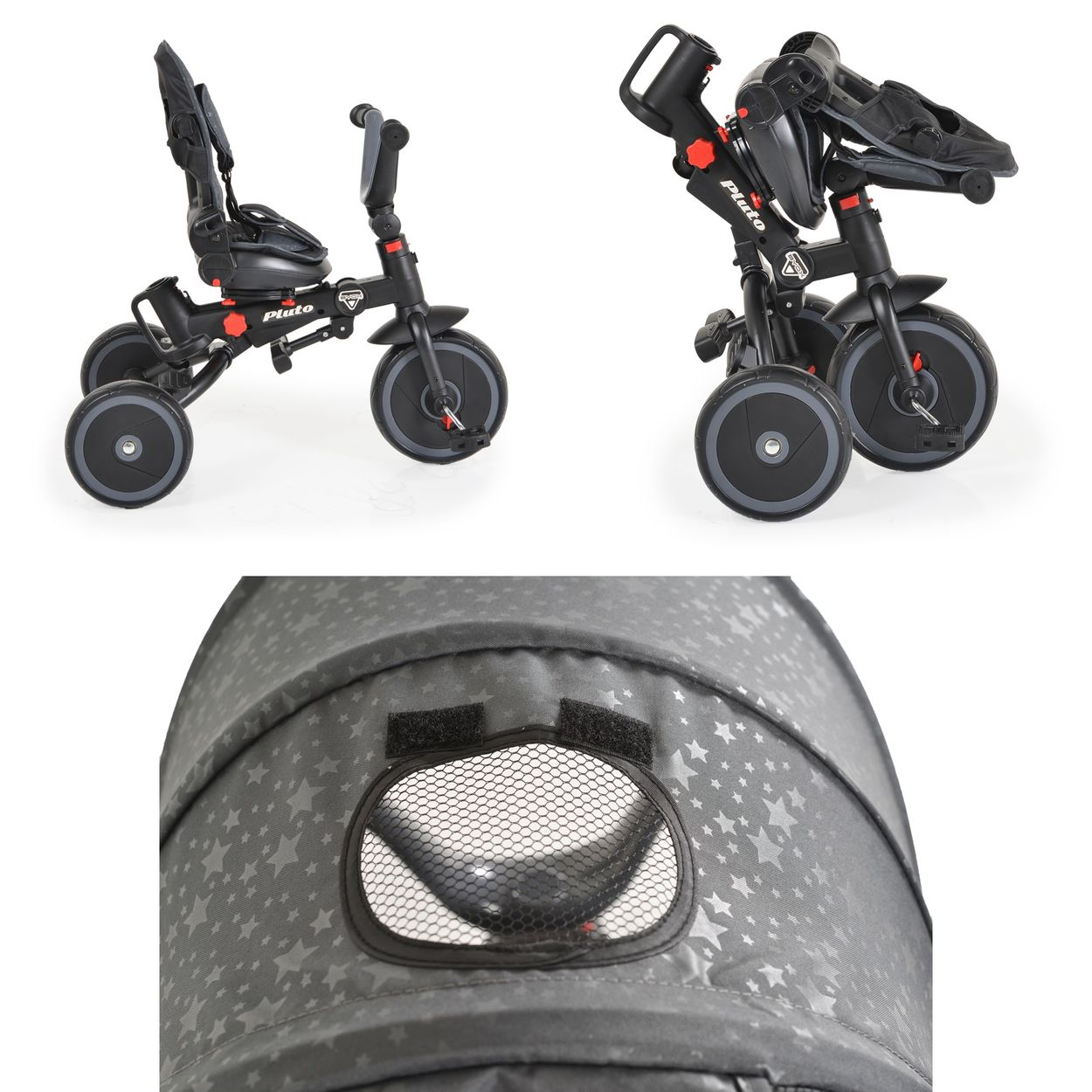 Triciclo en dos posiciones, plegado y desplegado. Negro y rojo con la palabra Pluto.