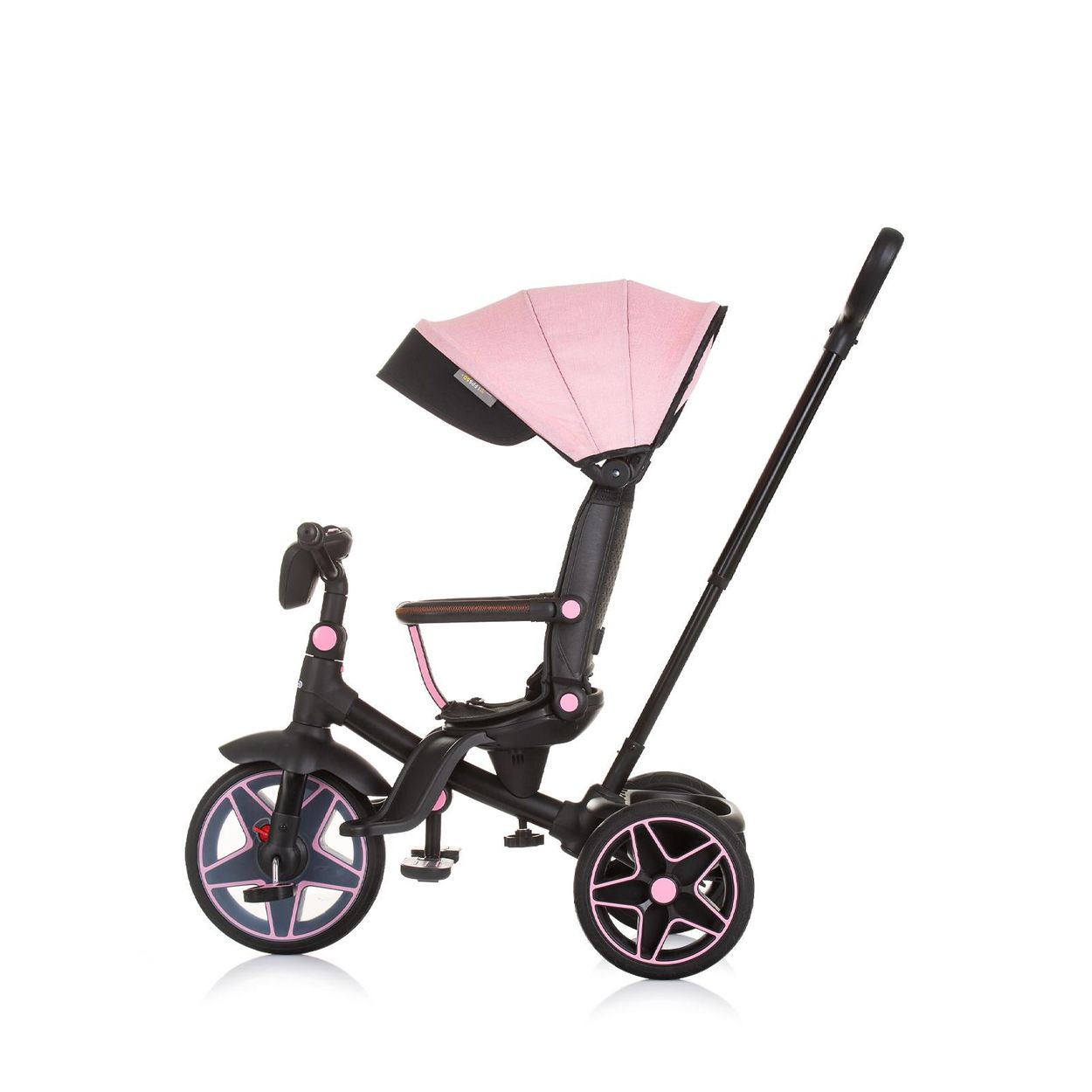 Ein rosa-schwarzes Dreirad mit Sonnenschutz, Eltern-Griff und Stern-Raddesign, auf Weiß.
