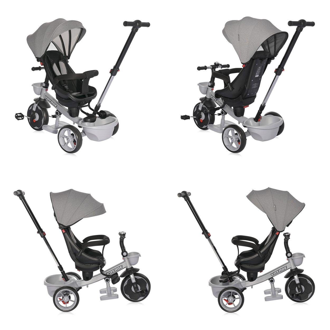 Grauer und schwarzer Baby-Dreiradwagen mit Sonnenschutz und Elternteilgriff. Er hat drei Räder und einen Stauraum.