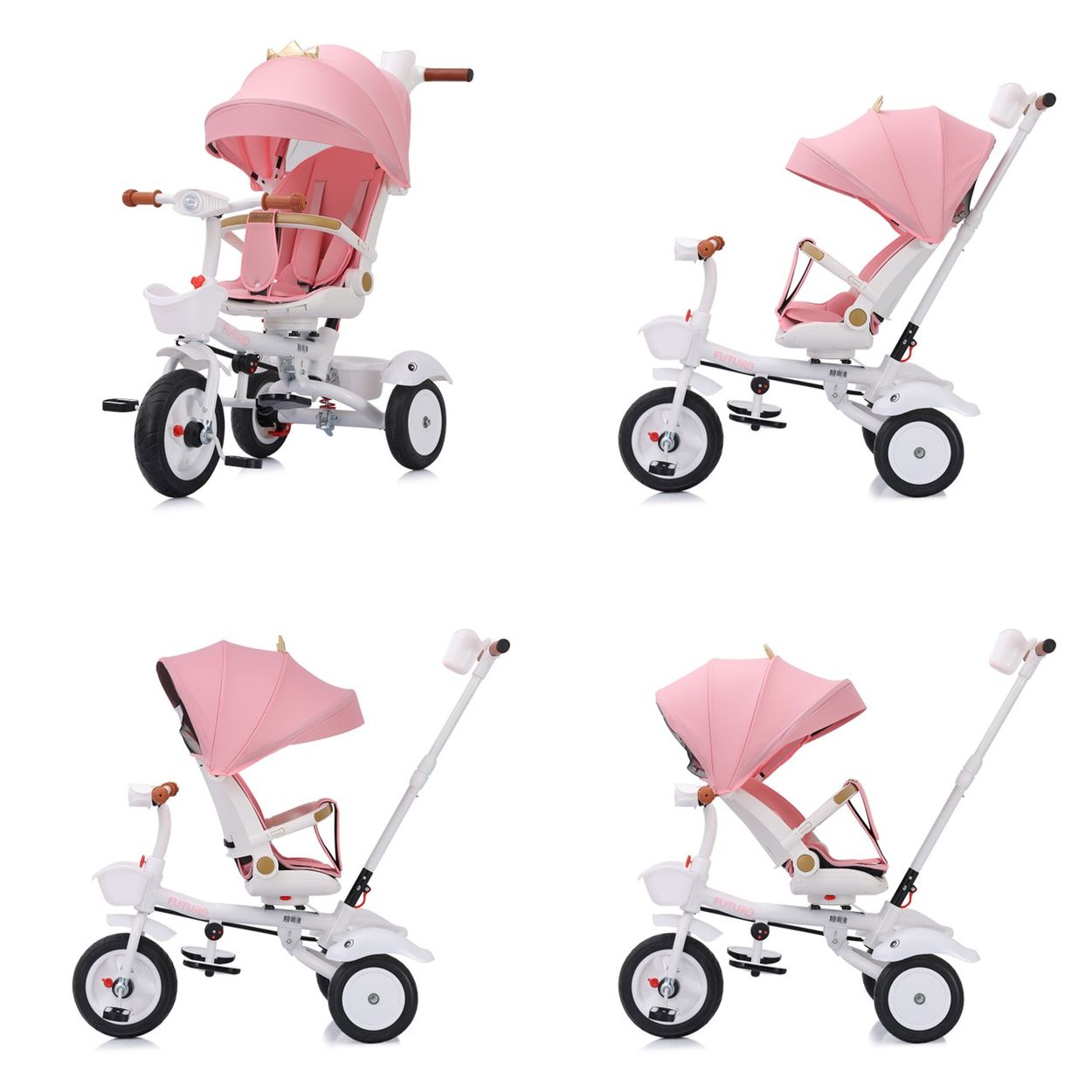 Rosa und weißes Baby-Dreirad mit Verdeck. Weiße Räder, Griff und Rahmen. Rosa Sitz.