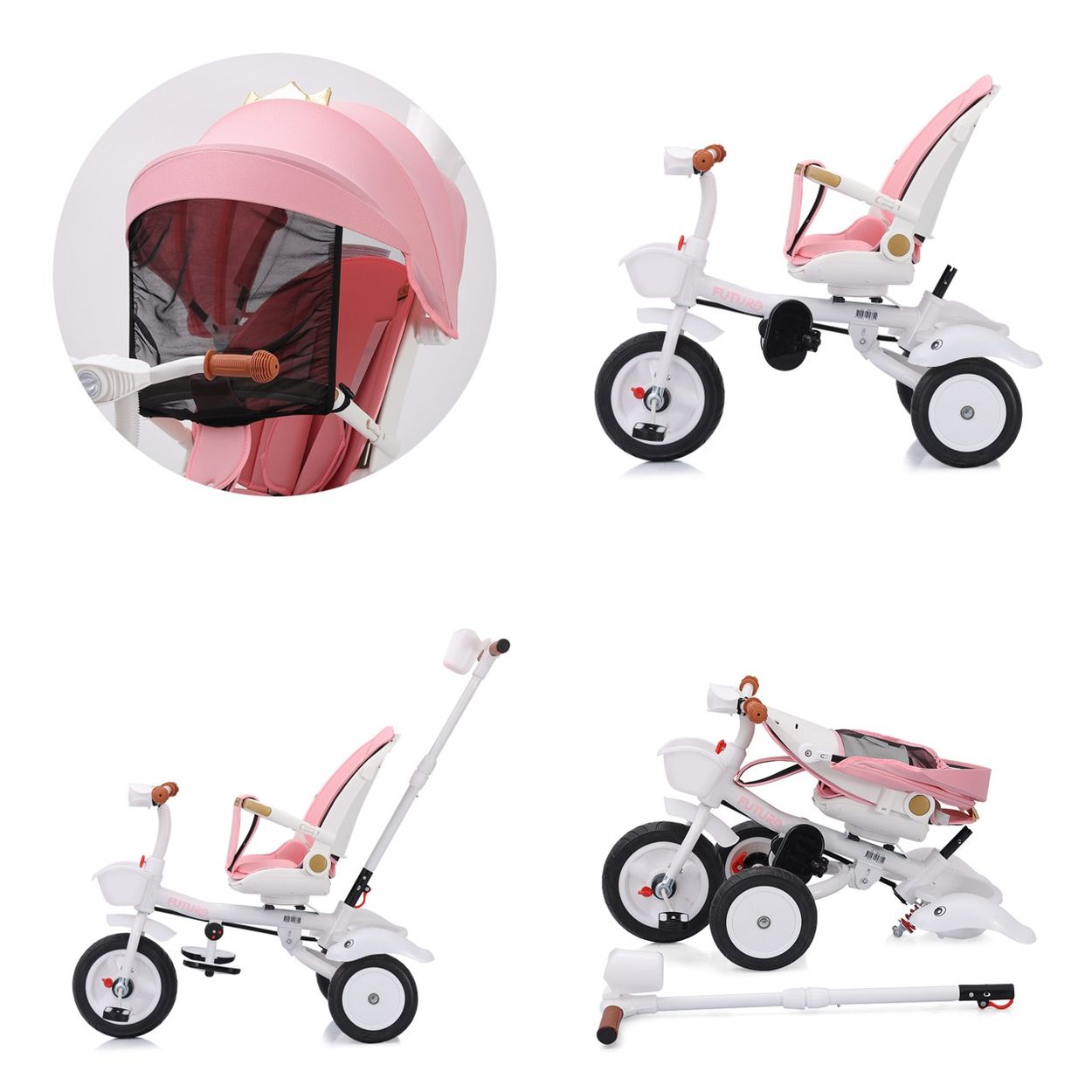 Vier Ansichten eines rosa-weißen Dreirads mit Sonnenschutz und Klappdesign.