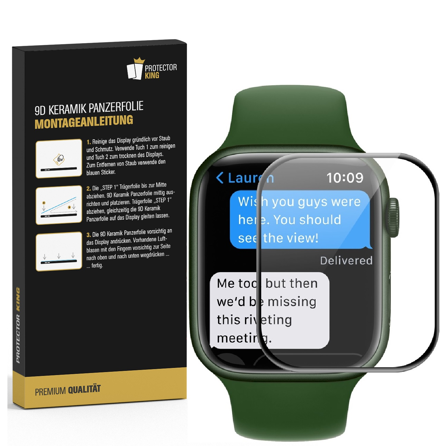 Eine grüne Smartwatch mit Displayschutz und einer Nachricht. Text: Ich wünschte, ihr wärt hier.