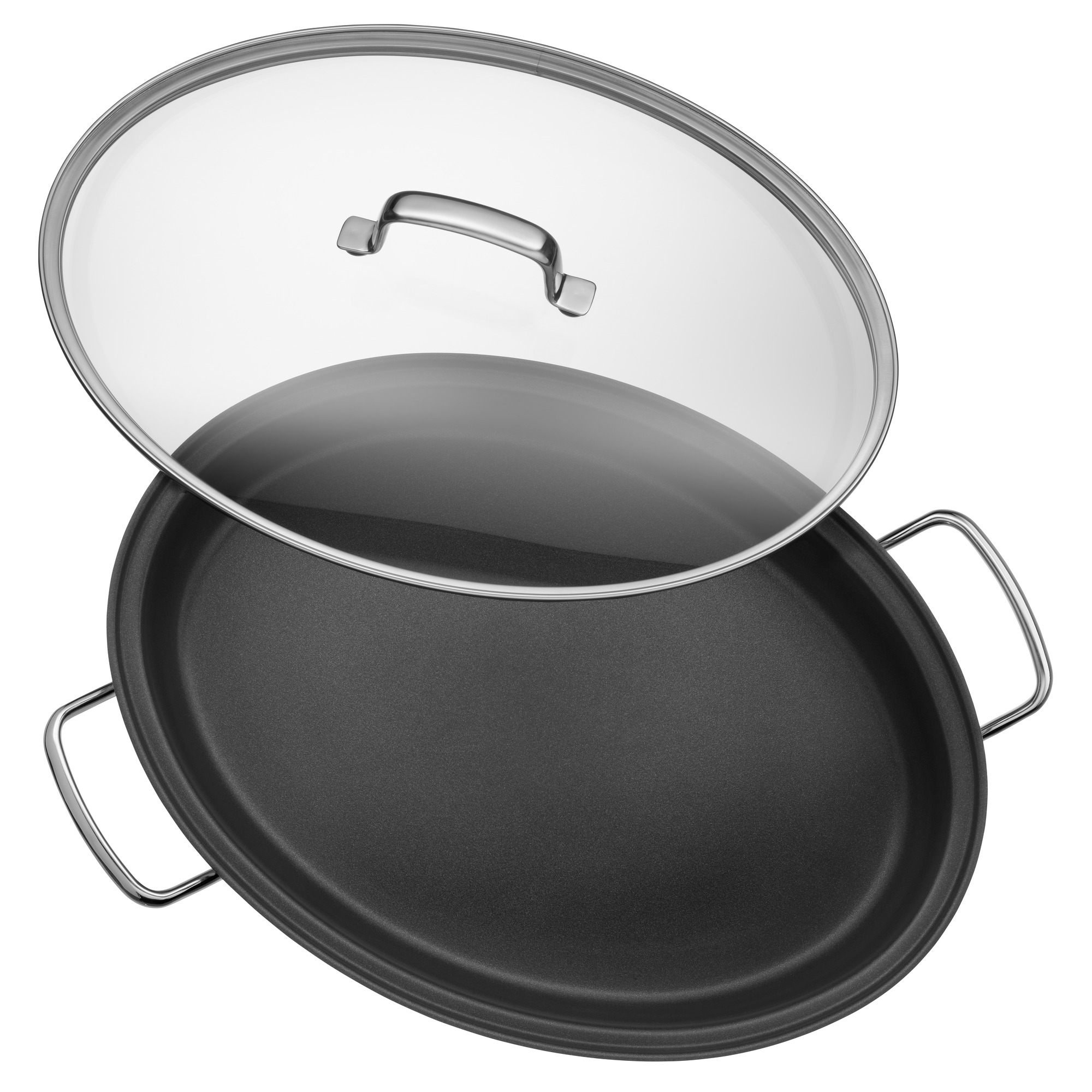 Ovale, schwarze, antihaftbeschichtete Pfanne mit Glasdeckel. Sie hat silberne Griffe.
