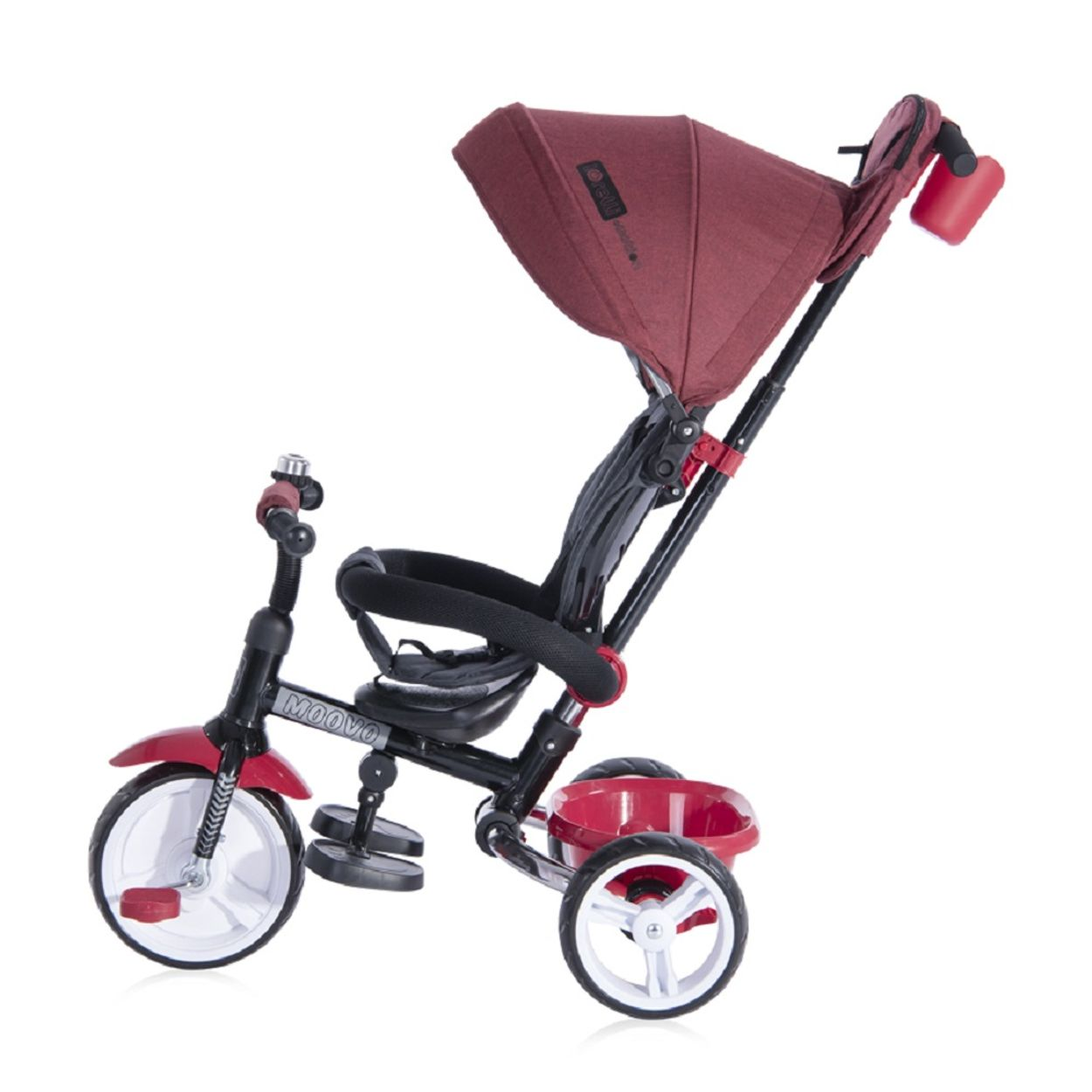 Rotes Dreirad mit burgunderfarbenem Verdeck. Schwarzer Rahmen, weiße Räder, Kindersitz.