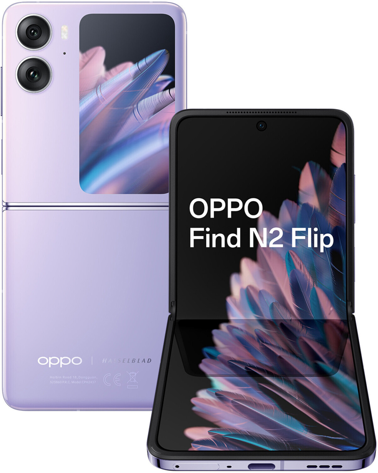 Purple OPPO Find N2 Flip phone, open and closed, showing the screen and back.
