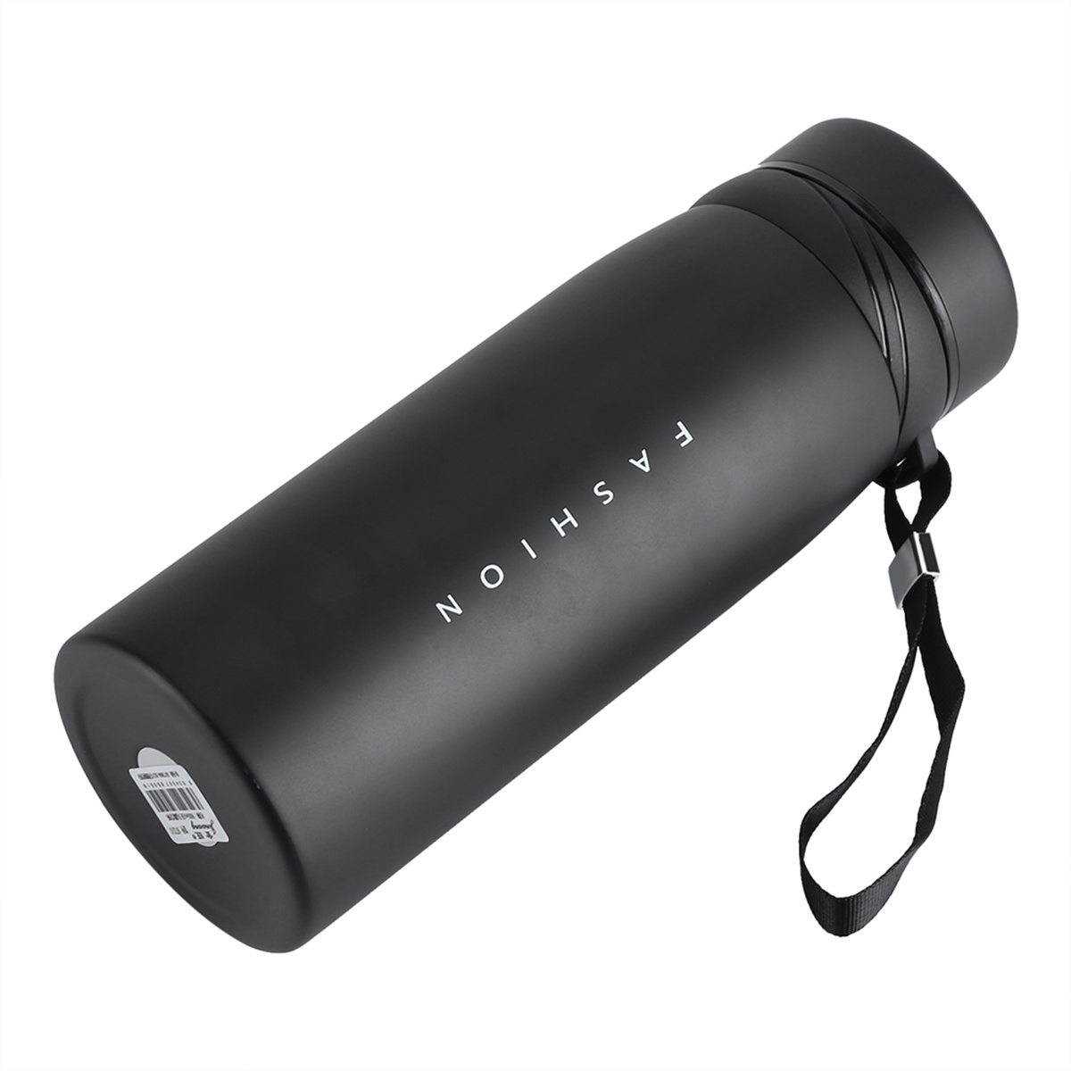 Schwarze Wasserflasche mit weißem Text "FASHION" und schwarzem Riemen.