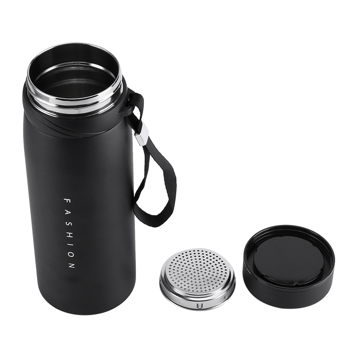 Schwarze, offene Thermosflasche mit kleinem Griff und einem Metallsieb und Deckel daneben.