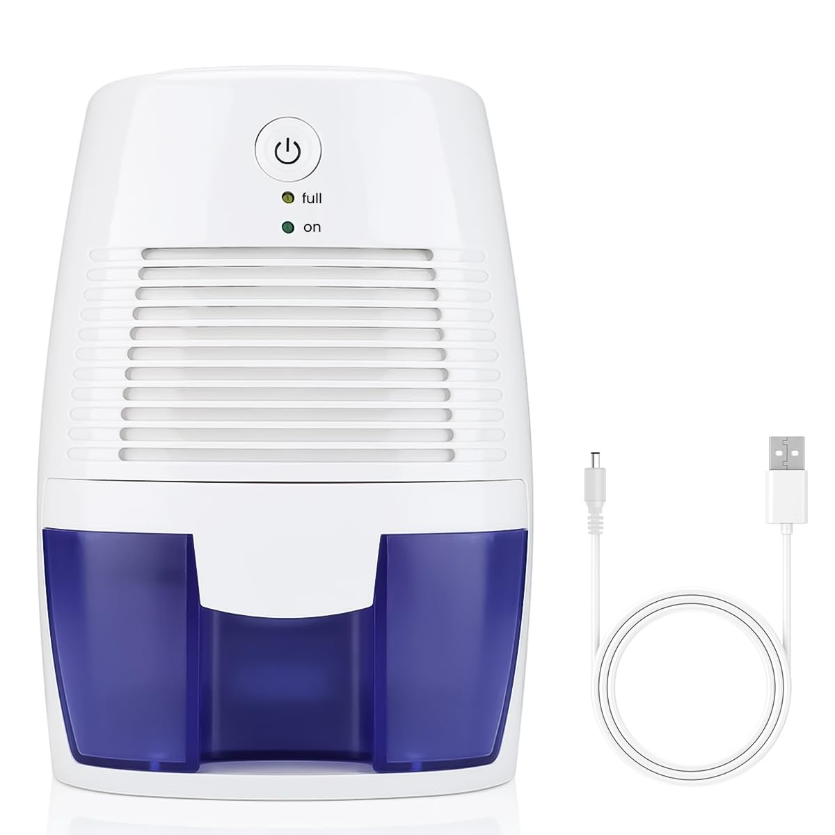 Ein weißer Luftentfeuchter mit blauem Wassertank und weißem USB-Kabel. Er hat ein Bedienfeld.