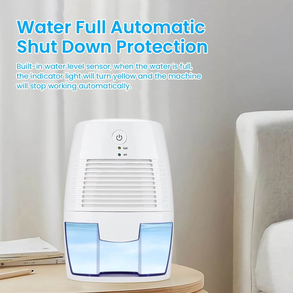 Weißer Luftentfeuchter mit blauem Wassertank. Der Text lautet: 'Water Full Automatic Shut Down Protection'.