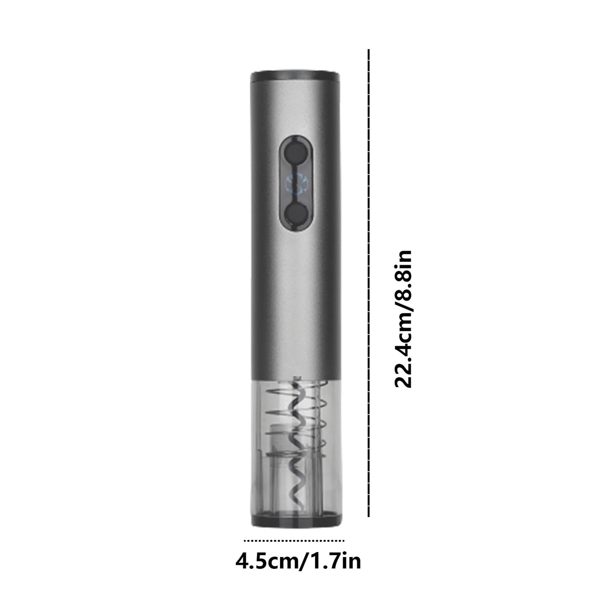 Ein elektrischer Weinöffner in Silber, mit Maßen: 22,4 cm/8,8 Zoll, 4,5 cm/1,7 Zoll.