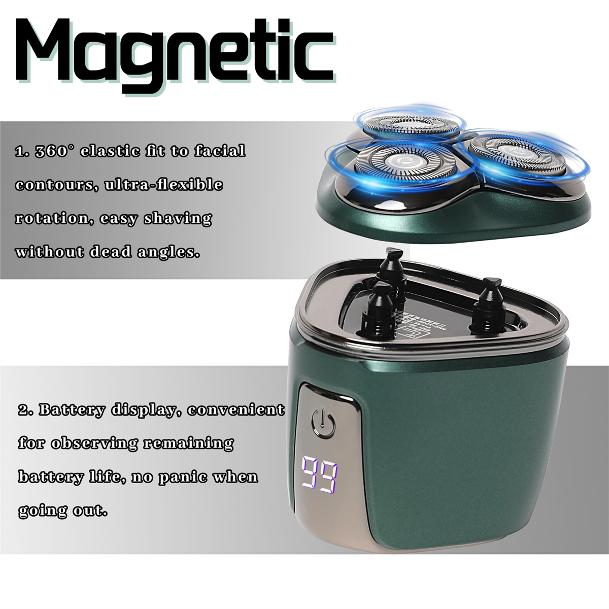 Elektrischer Rasierer mit drei rotierenden Köpfen. Ein Digitaldisplay zeigt die Akkulaufzeit an. Der Text lautet: Magnetisch.