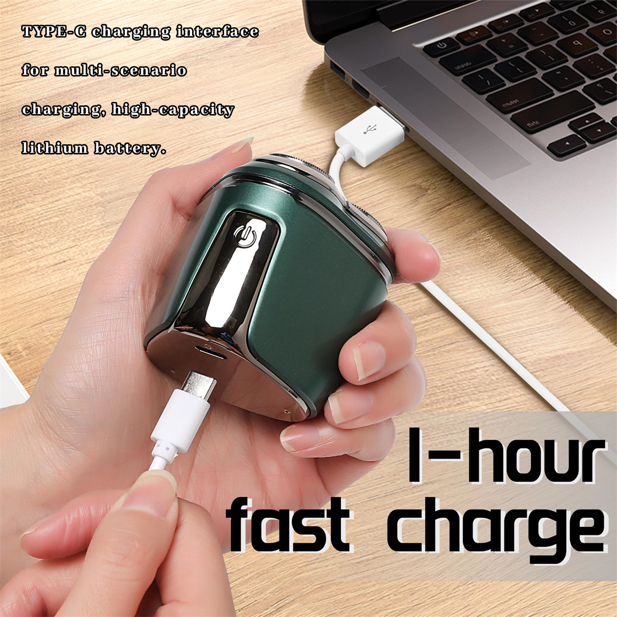Ein grüner Rasierer mit einem USB-C-Kabel, das an einen Laptop angeschlossen ist. Der Text lautet: „1-Stunden-Schnellladung“.