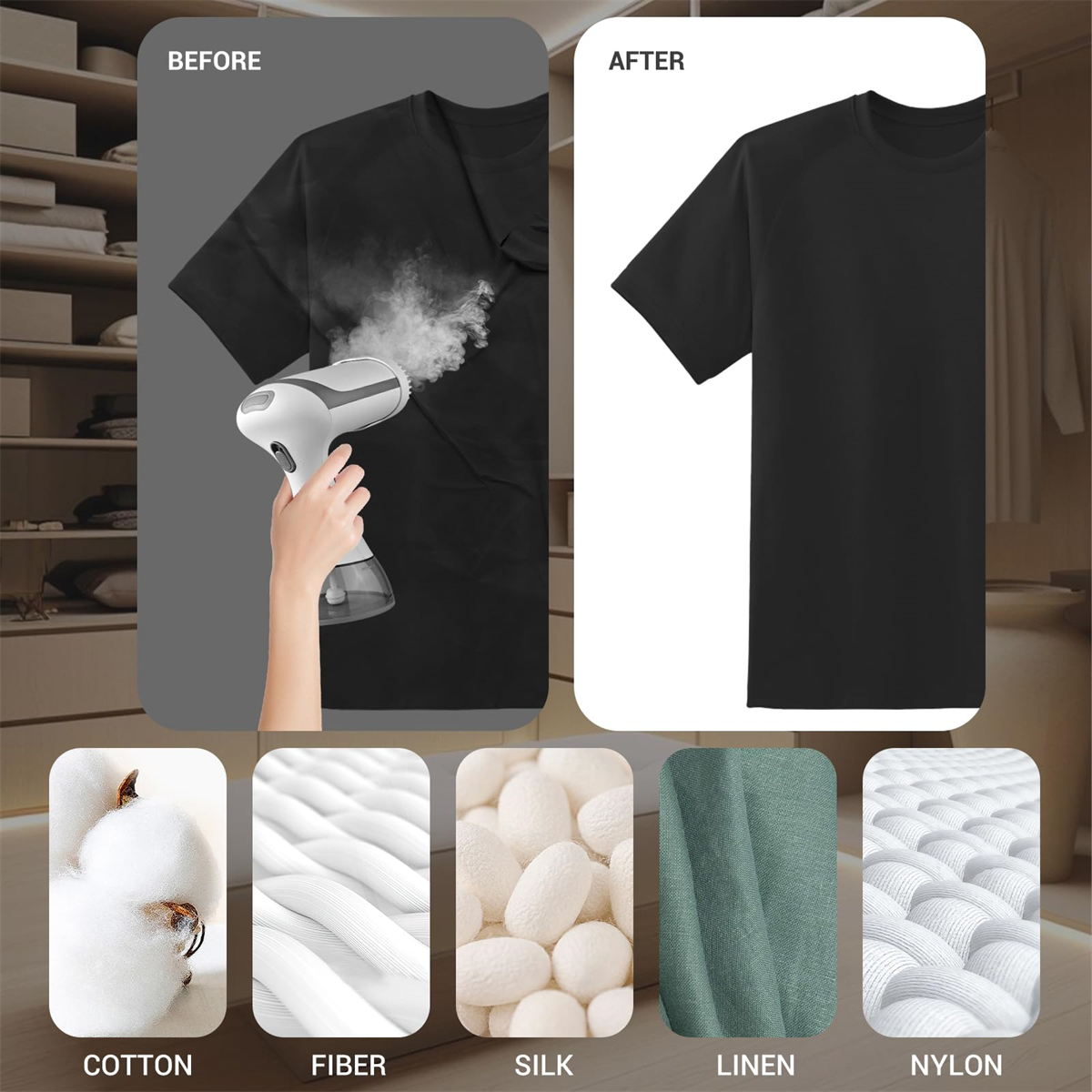 Ein schwarzes T-Shirt vor und nach dem Dämpfen. Verschiedene Textilien werden gezeigt: Baumwolle, Faser, Seide, Leinen, Nylon.