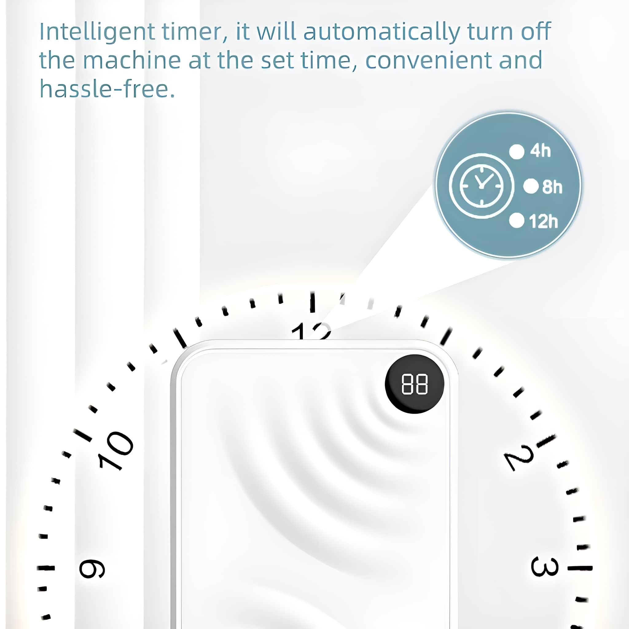 Ein weißes Gerät mit digitaler Anzeige '88'. Ein Timer-Symbol mit 4h, 8h und 12h wird angezeigt.