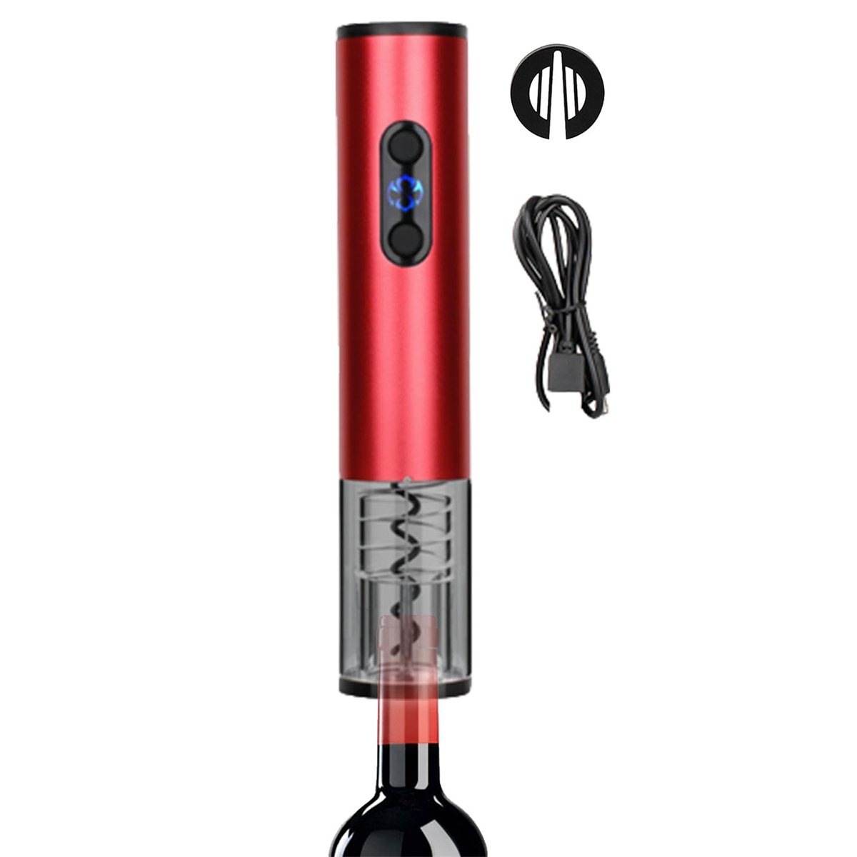 Roter elektrischer Weinöffner mit Flasche und Ladekabel sowie schwarzer Kappe.