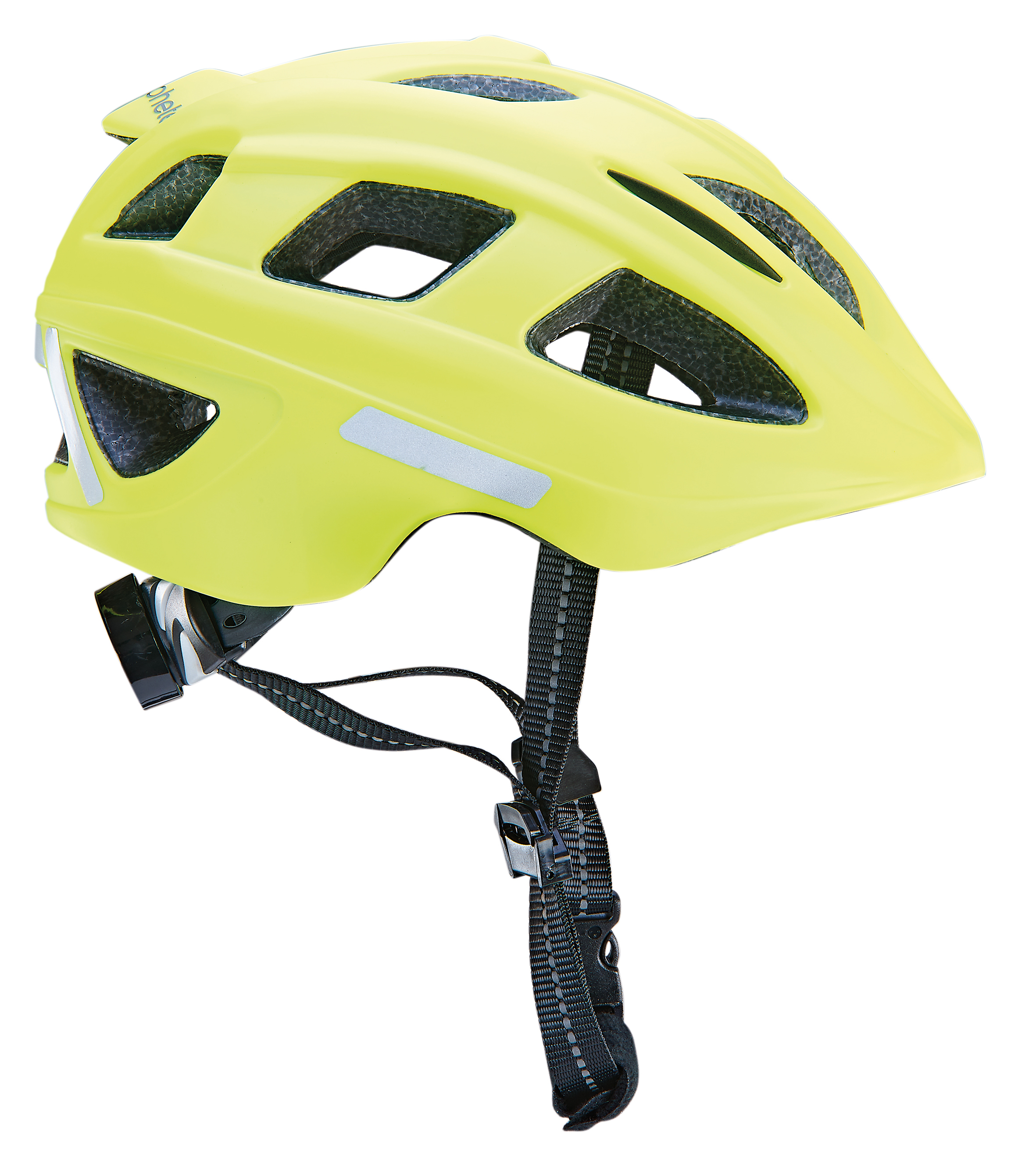 Gelber Fahrradhelm mit Belüftungsöffnungen und Reflexstreifen vor weißem Hintergrund.