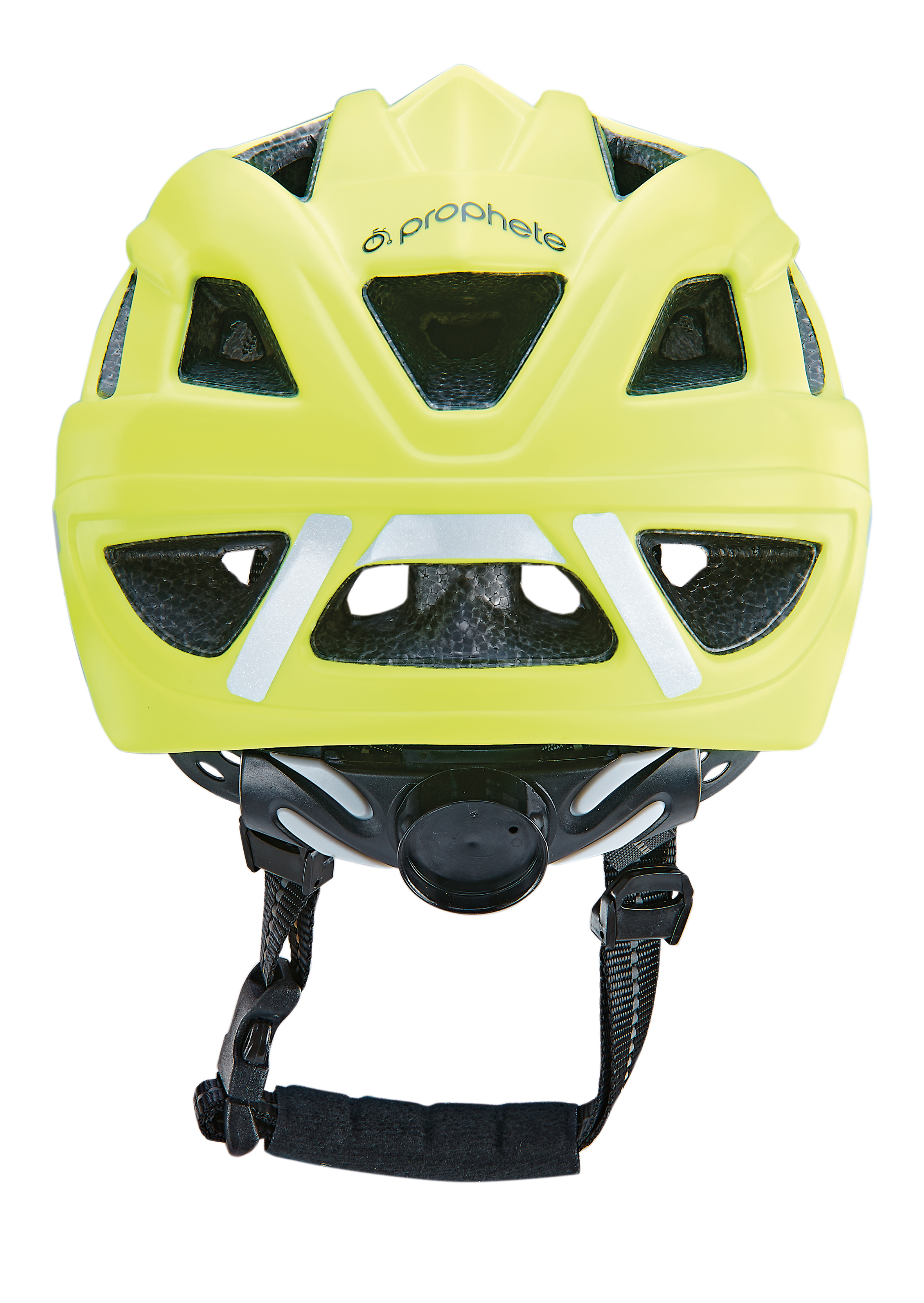 Gelber Fahrradhelm mit reflektierenden Streifen und schwarzem Riemen, isoliert auf Weiß.