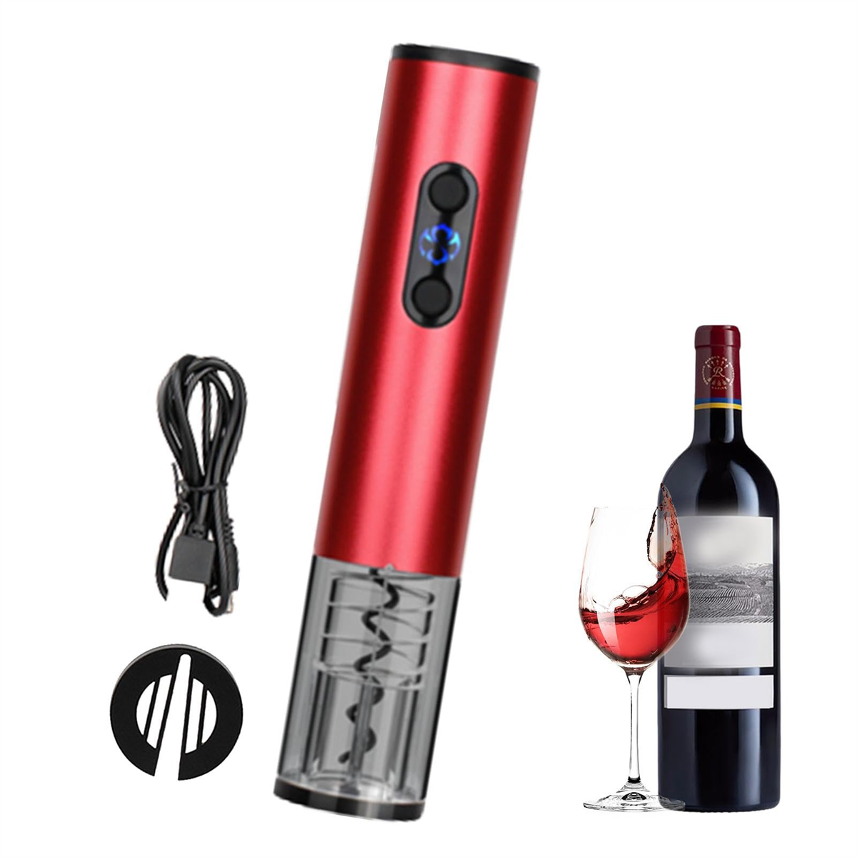 Roter elektrischer Weinöffner mit Weinflasche und Glas, sowie Ladekabel.