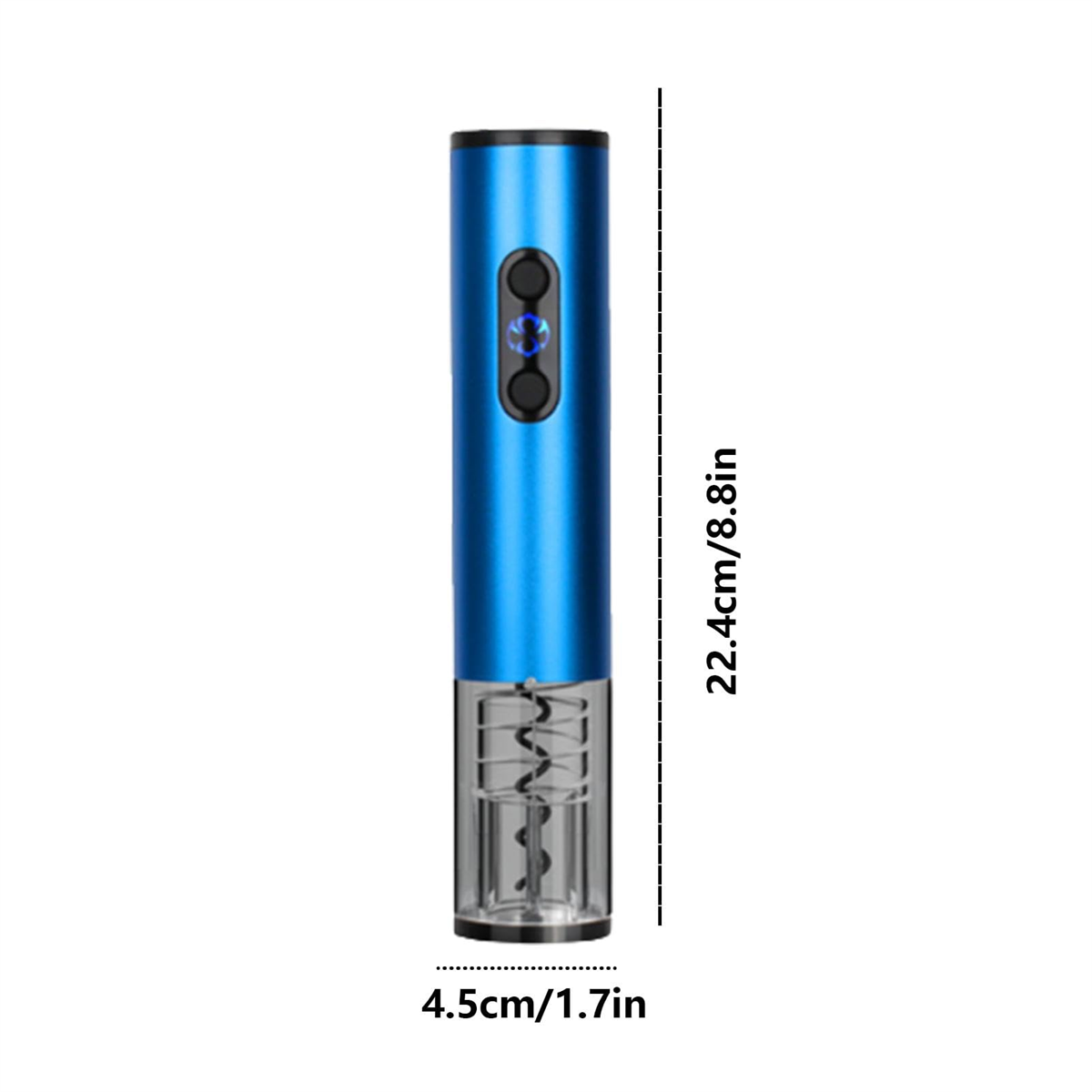 Blauer elektrischer Weinöffner mit Maßen in Zentimetern und Zoll.