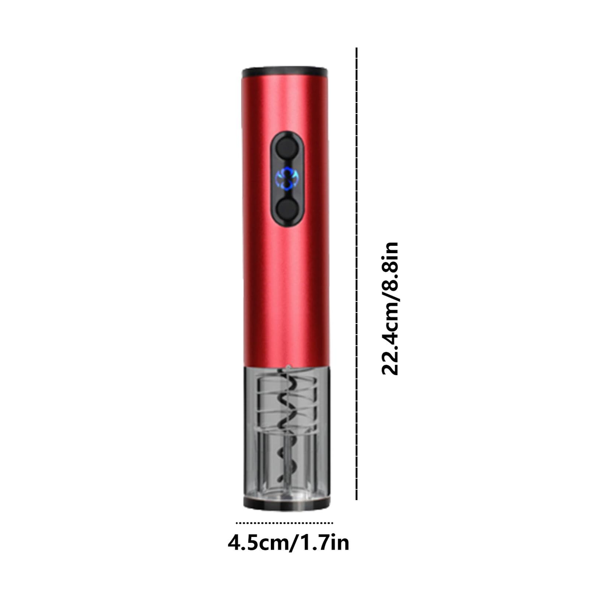 Roter elektrischer Weinöffner mit schwarzen Knöpfen. Abmessungen: 22,4 cm/8,8 Zoll x 4,5 cm/1,7 Zoll.