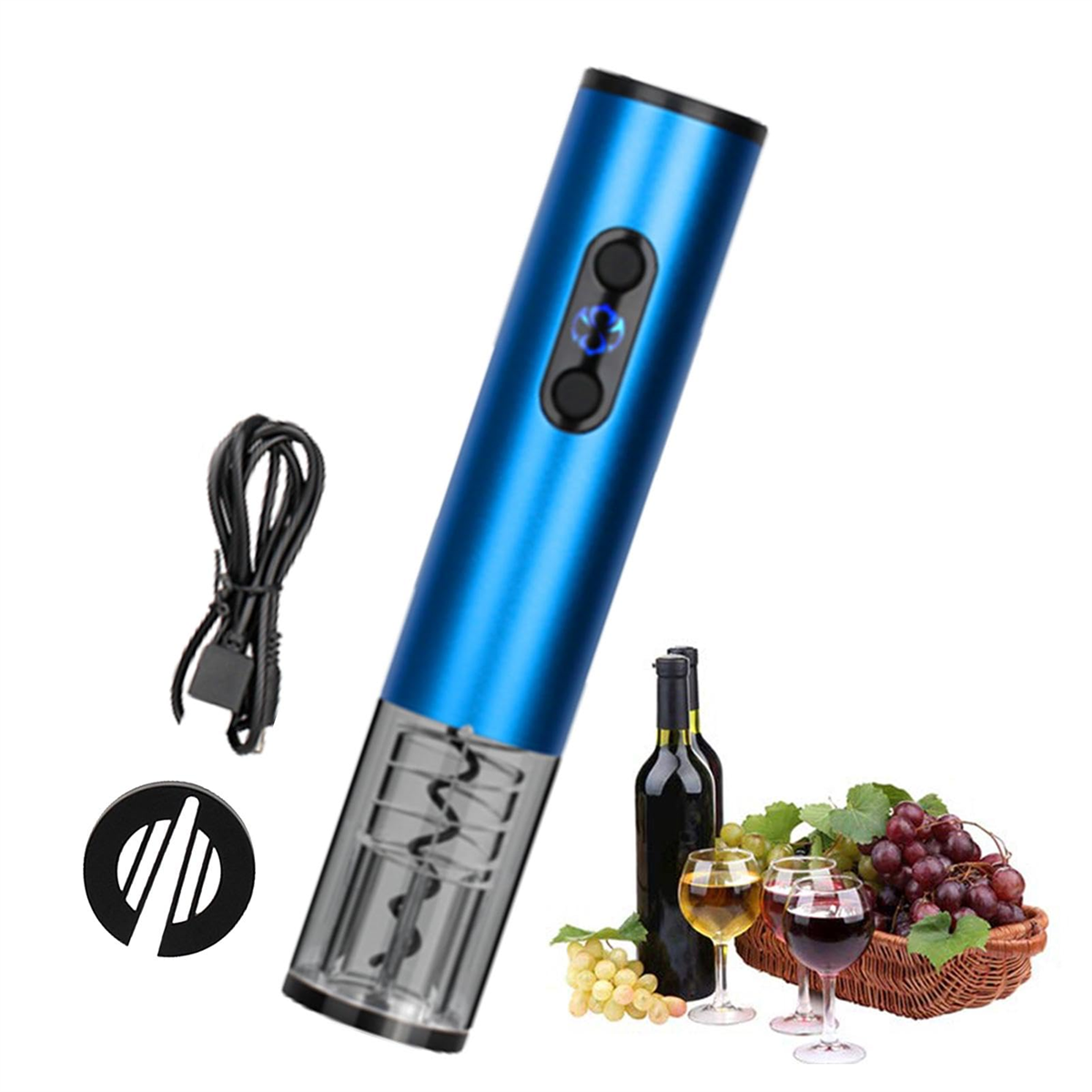 Blauer elektrischer Weinöffner mit Zubehör. Weinflasche, Trauben und Weingläser im Bild.