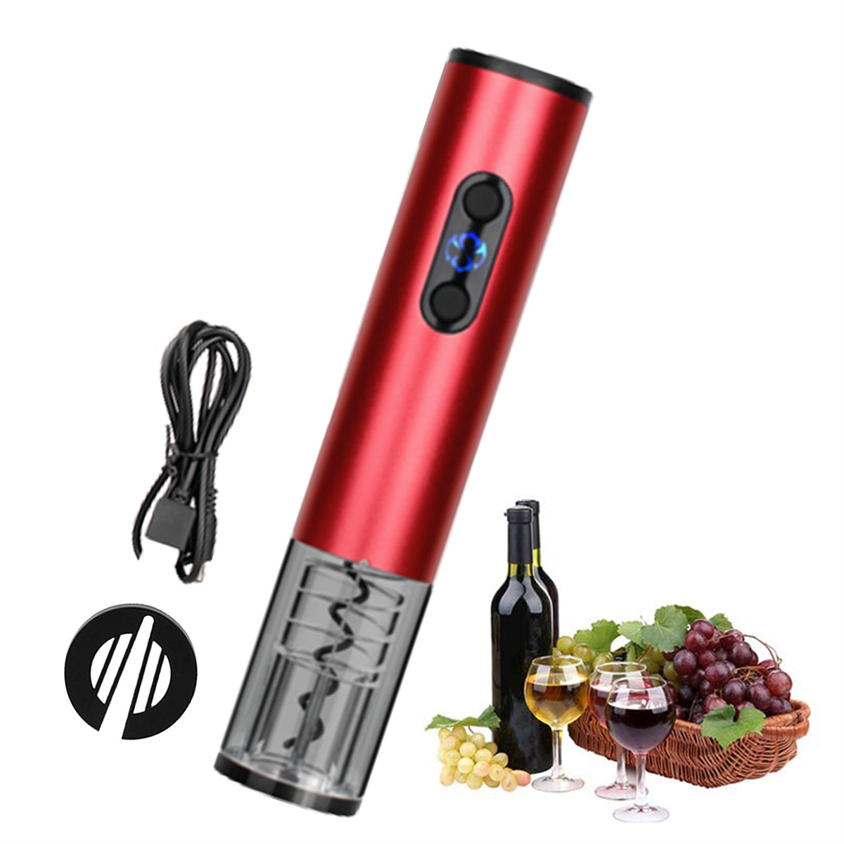 Roter elektrischer Weinöffner mit Zubehör, Weinflasche, Gläsern und Trauben.