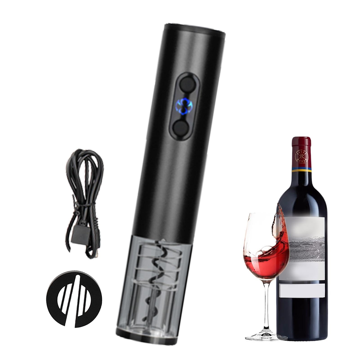 Schwarzer Weinöffner, eine Weinflasche mit rotem Etikett und ein Glas Rotwein auf Weiß.