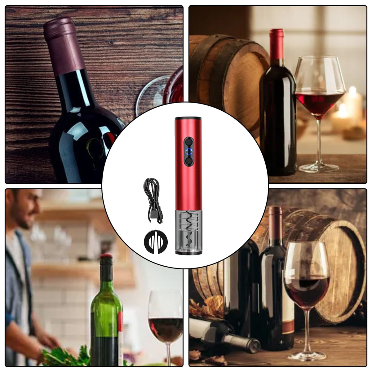 Collage von Weinbildern: Flasche, Korkenzieher und Gläser. Holztisch im Hintergrund.