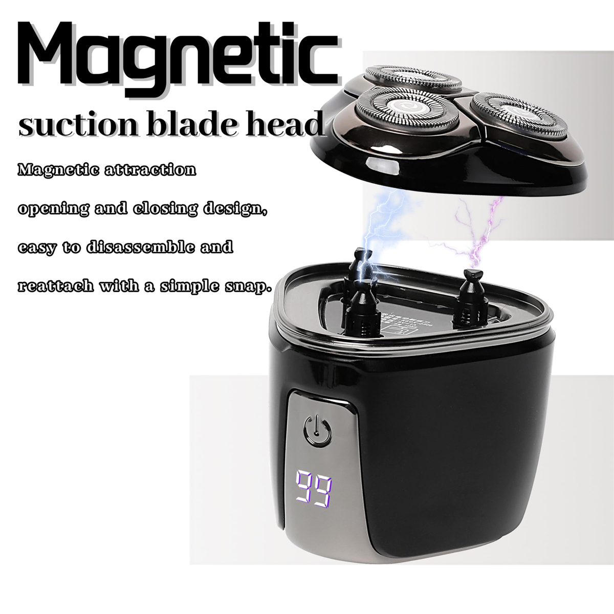 Ein schwarzer Elektrorasierer mit magnetischem Saugklingen-Kopf und LED-Anzeige mit 99.