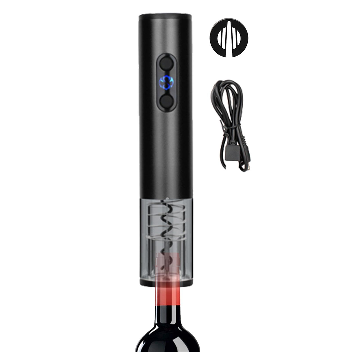Elektrischer Weinöffner. Schwarzes Gehäuse, transparenter Abschnitt, Folienschneider und Ladekabel.