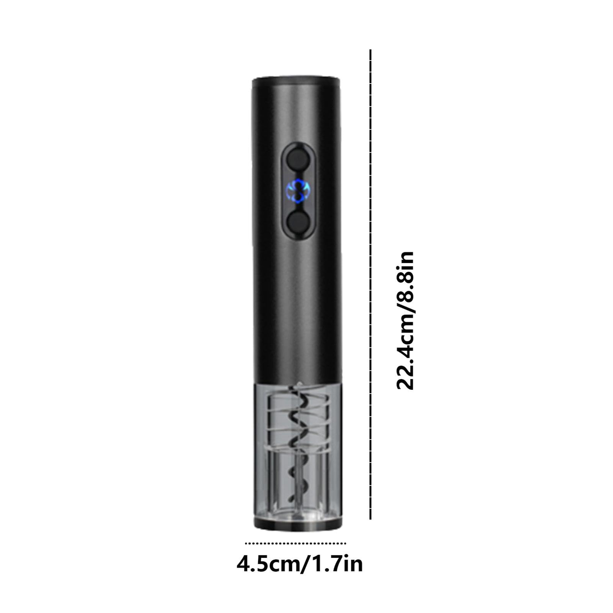 Schwarzer elektrischer Weinöffner mit den Maßen: 22,4 cm/8,8 Zoll hoch und 4,5 cm/1,7 Zoll breit.