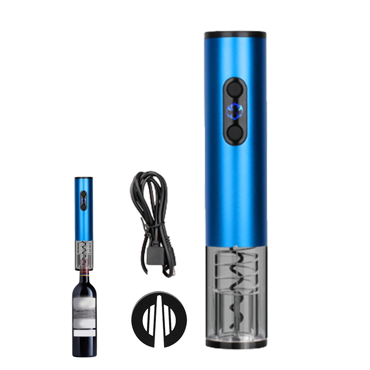 Blauer elektrischer Weinöffner mit Zubehör. Eine Flasche wird geöffnet.