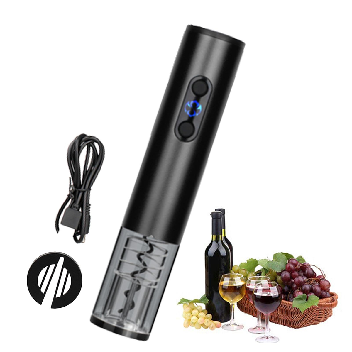 Ein schwarzer elektrischer Weinöffner mit Weinflasche, Gläsern, Trauben und USB-Kabel.