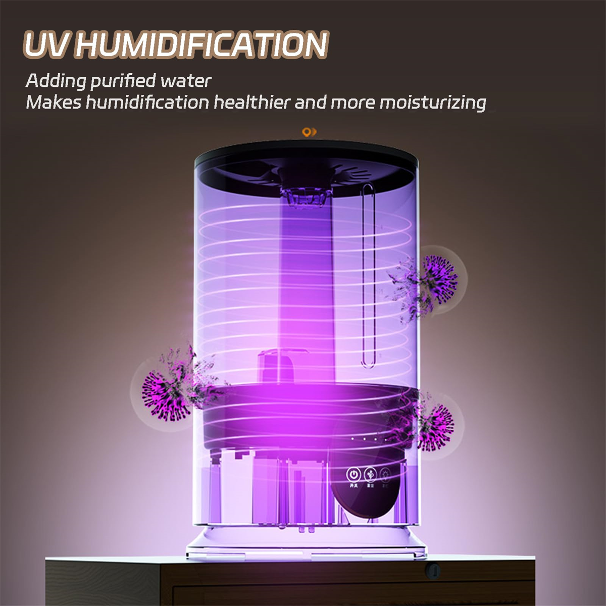 Ein Luftbefeuchter mit violettem UV-Licht, Werbung für UV-Reinigung.