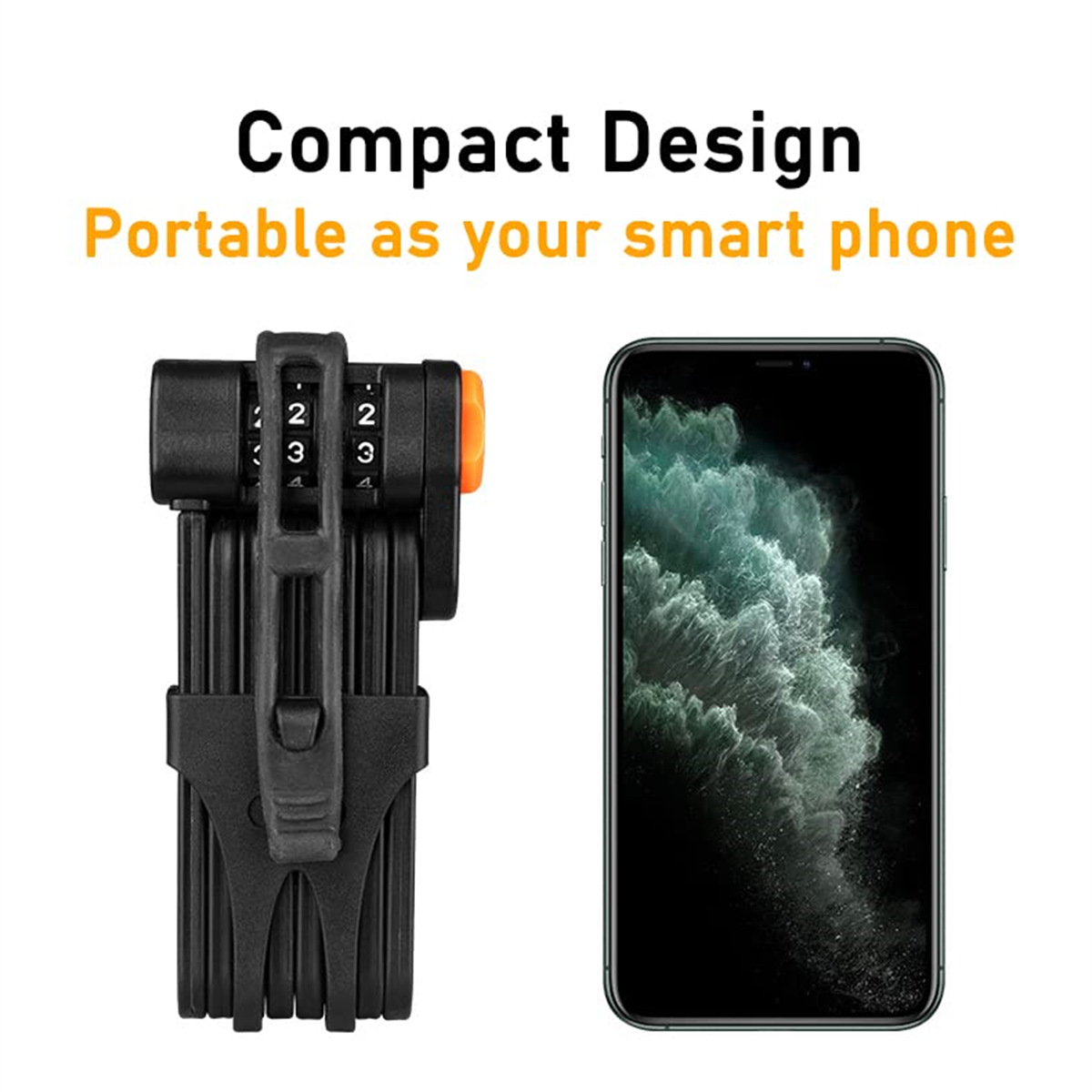 Schwarzes Faltschloss neben einem Smartphone. Text lautet "Kompaktes Design".