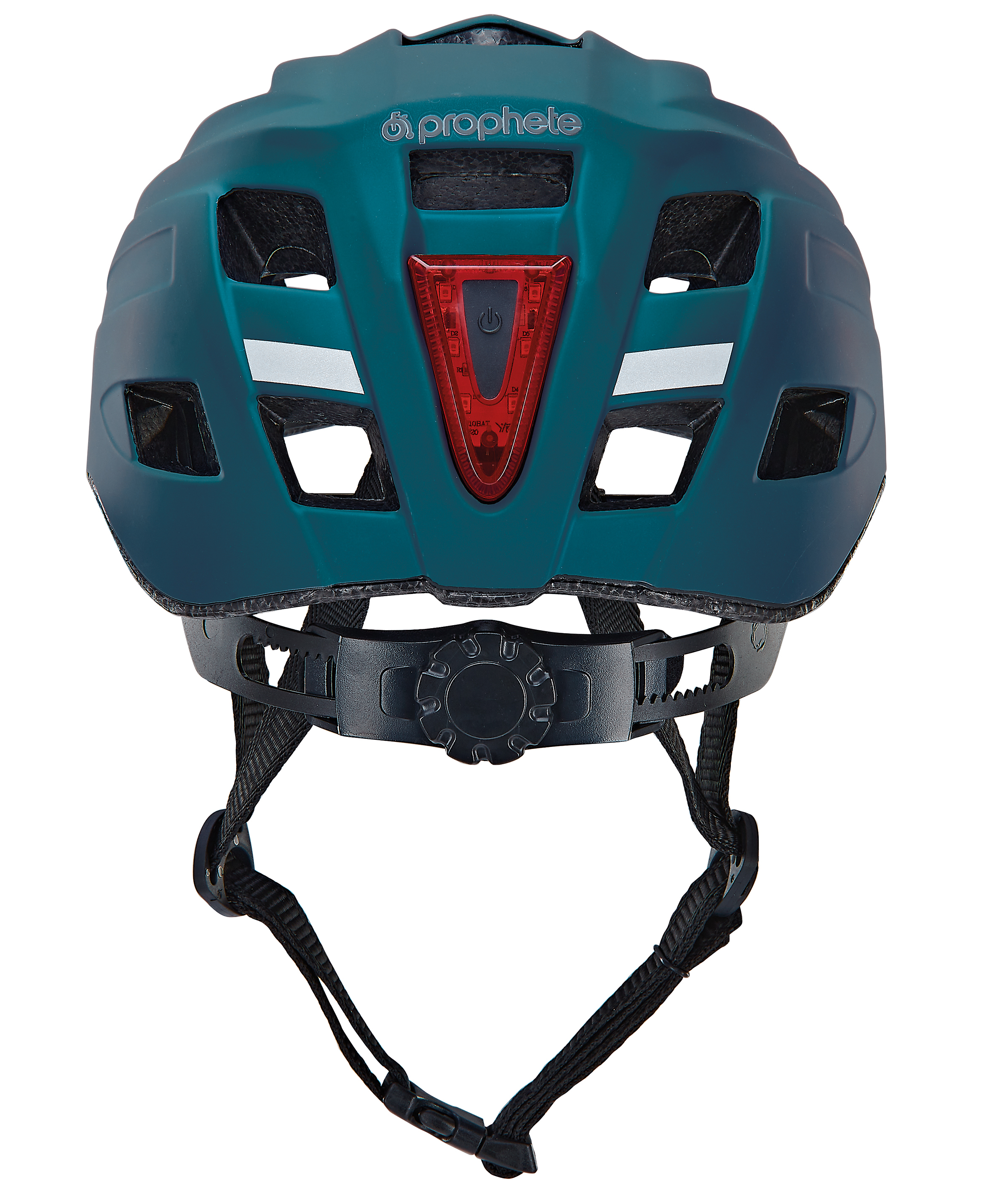 Ein teal-farbener Fahrradhelm mit rotem Licht und weißen reflektierenden Streifen.