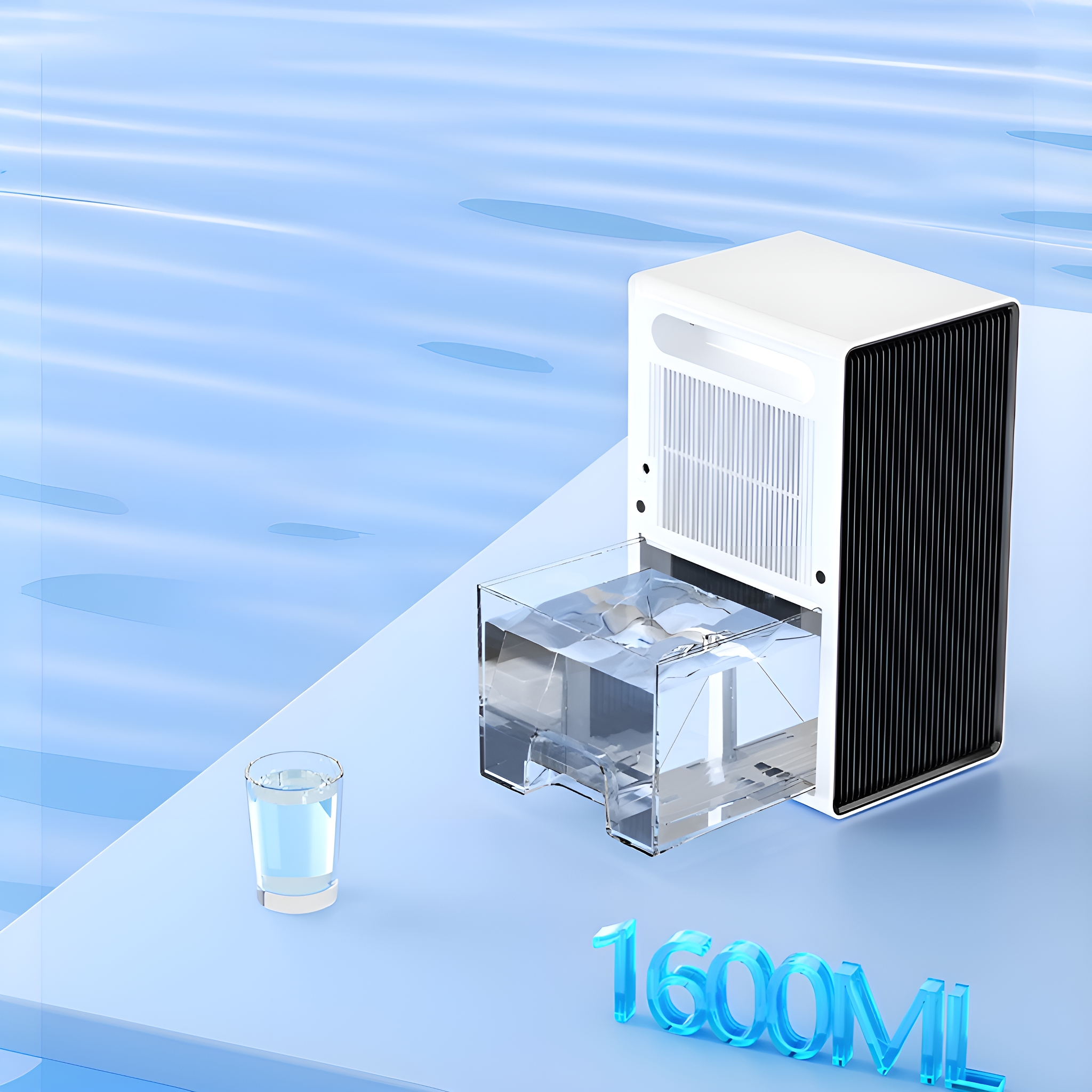 Weißer und schwarzer Luftreiniger mit Wassertank und einem Glas Wasser daneben. Das Wasser ist blau.