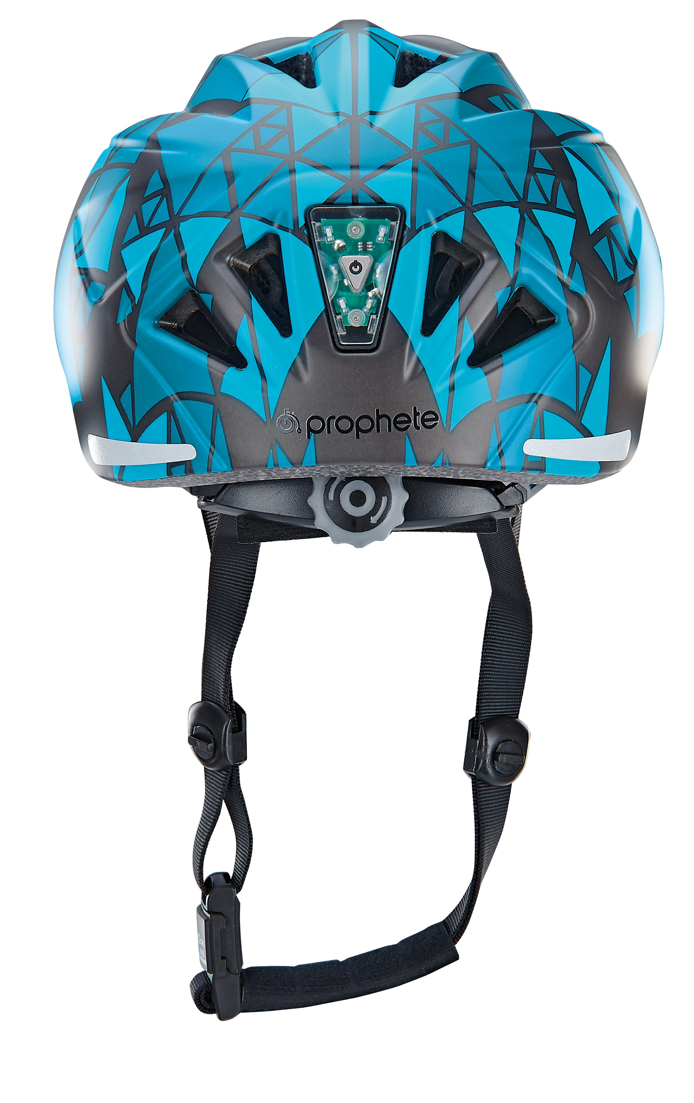Ein blau-schwarzer Fahrradhelm, von hinten betrachtet. Der Helm hat ein Einstellrad und Riemen.