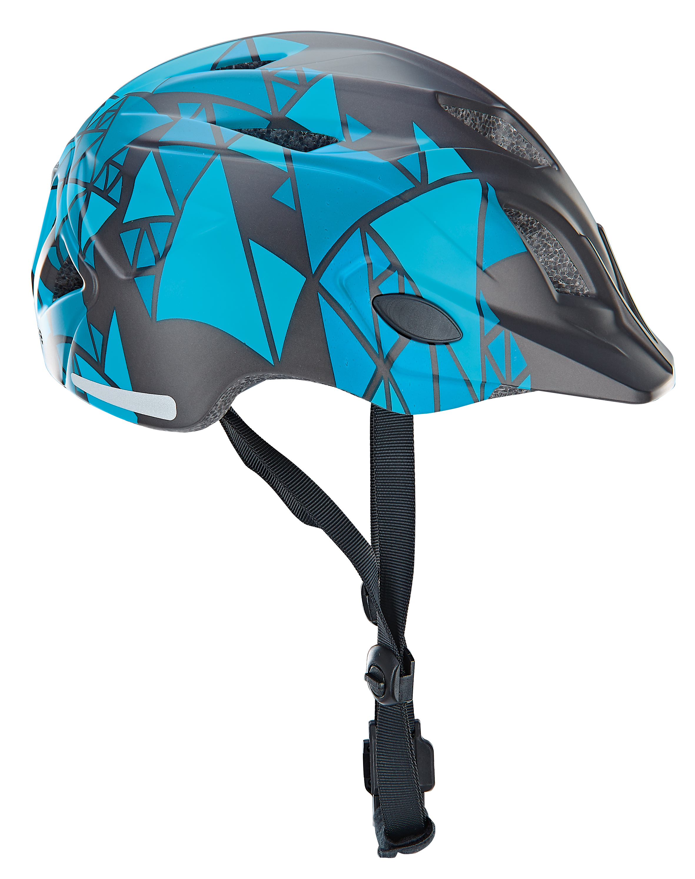 Grau-blauer Fahrradhelm mit Riemen. Es hat blaue und graue geometrische Formen.
