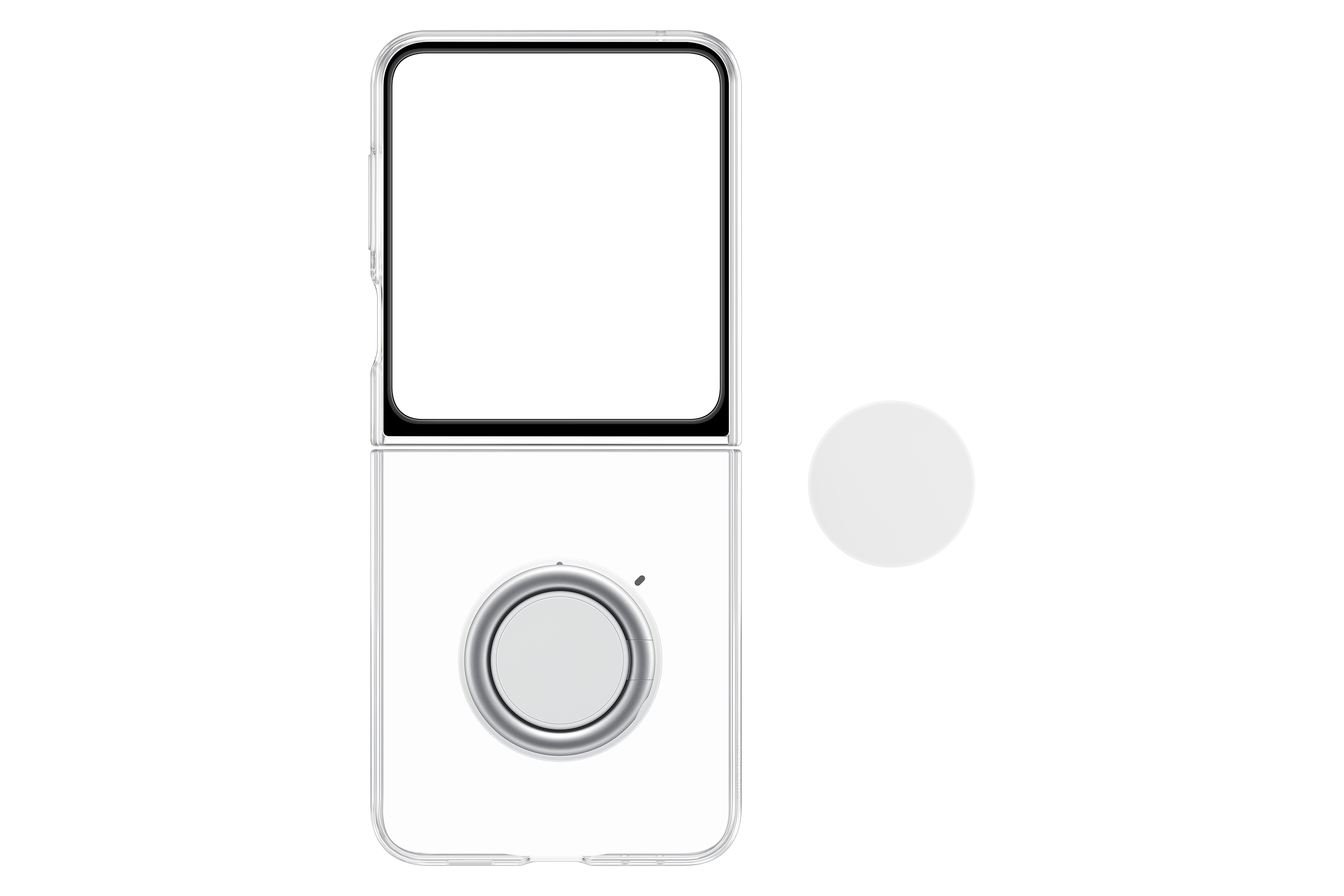 Un teléfono blanco, parcialmente abierto, con una plataforma de carga circular junto a él.