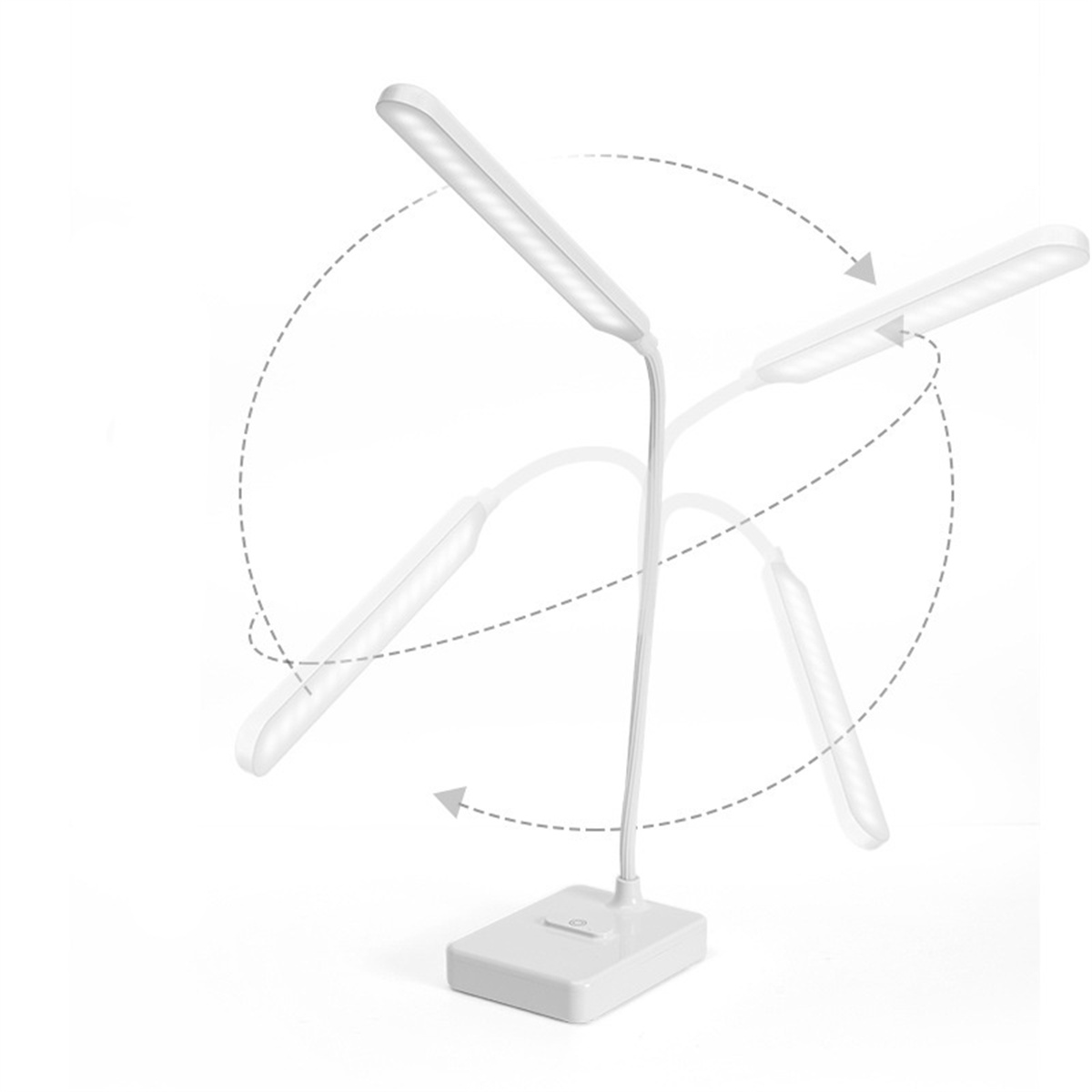 Weiße Schreibtischlampe mit flexiblem Design. Pfeile zeigen, wie die Lampe eingestellt werden kann.