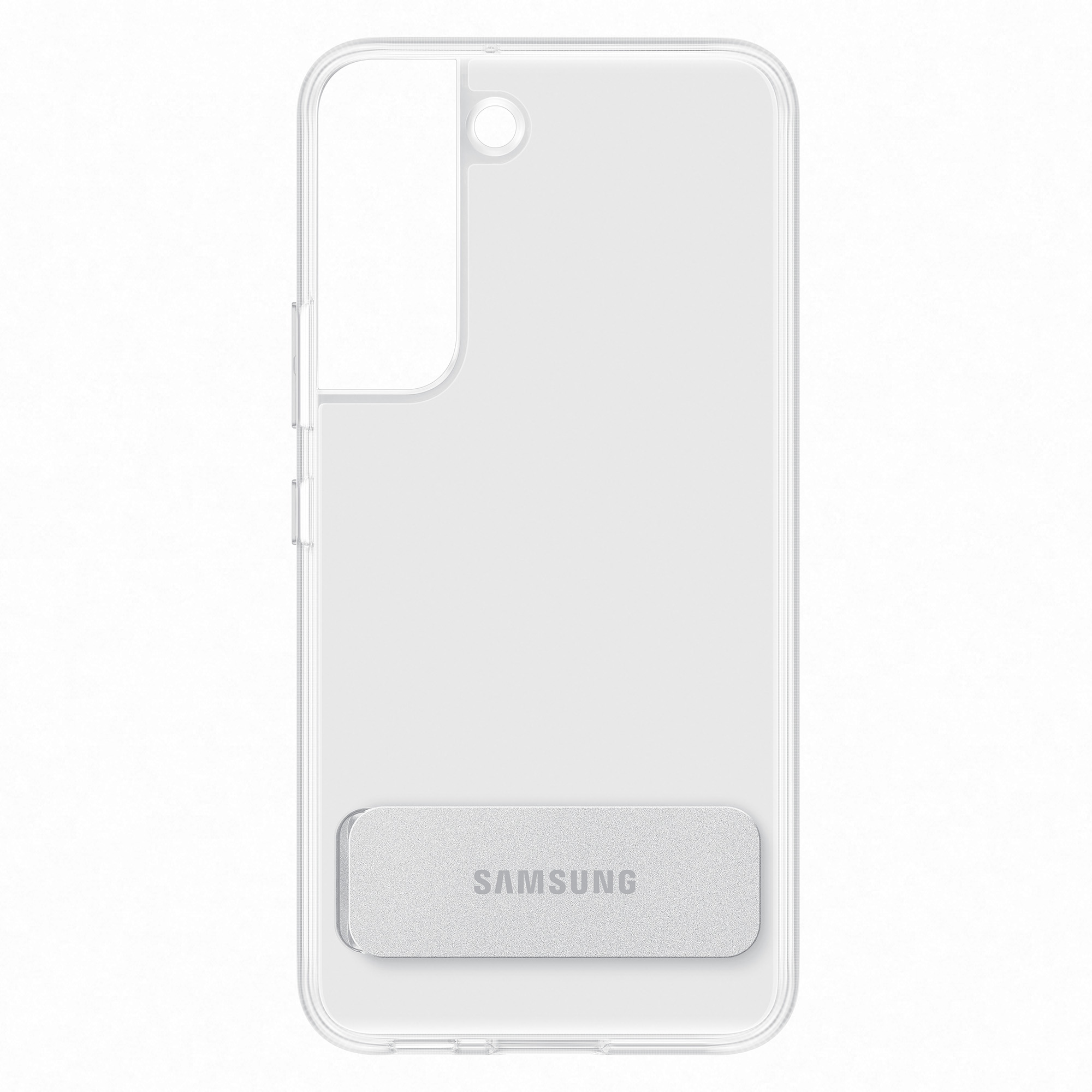 Custodia trasparente per telefono con supporto, che mostra il logo Samsung.