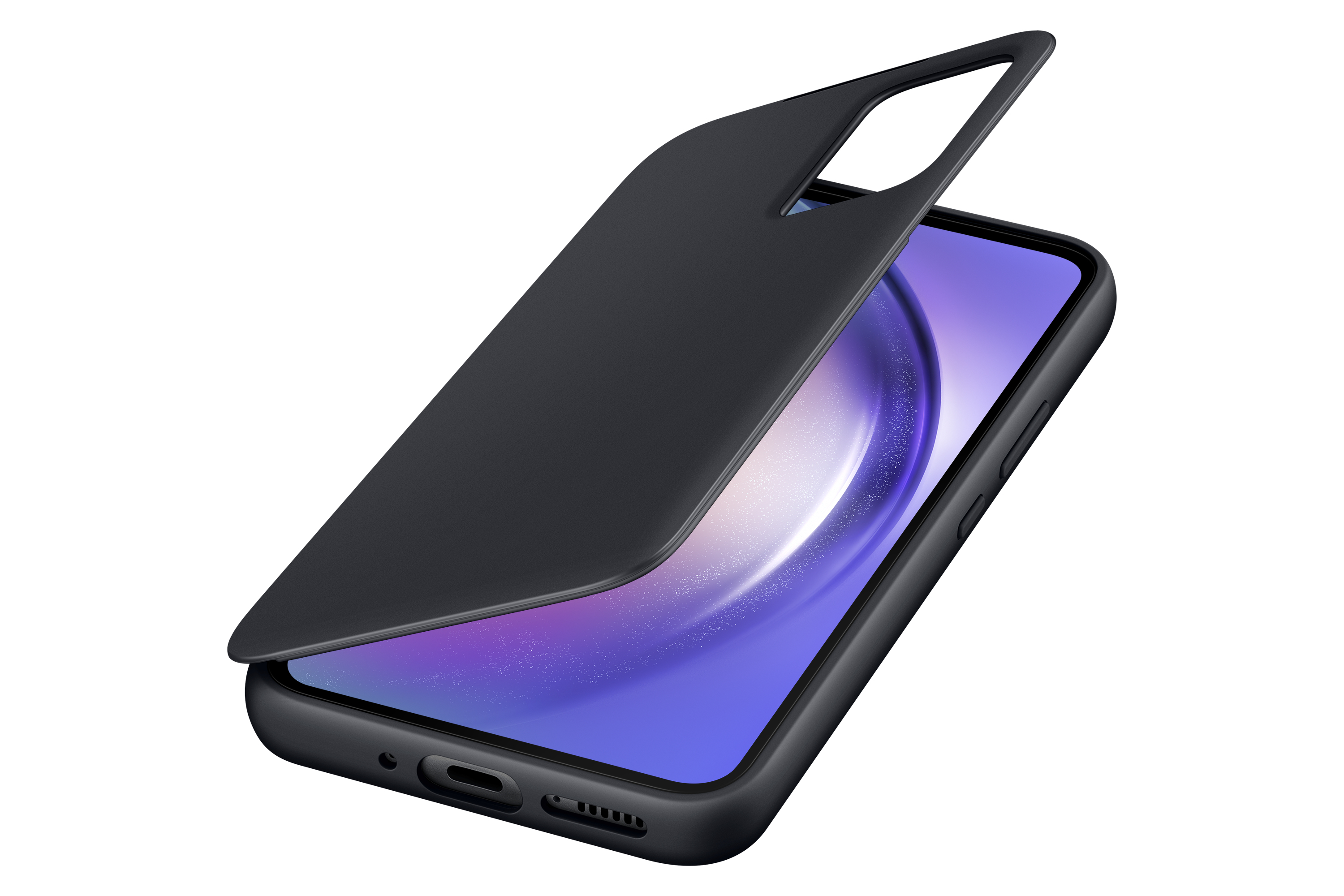 Una funda de teléfono que se coloca en un teléfono. El teléfono es negro y la funda es más oscura.
