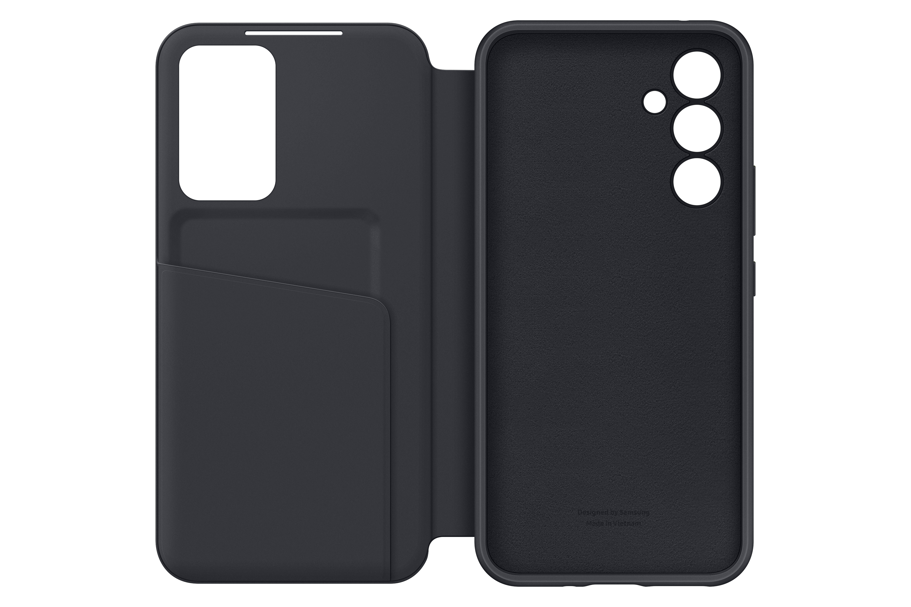 Funda de teléfono abierta que muestra el teléfono dentro con una ranura para tarjetas.