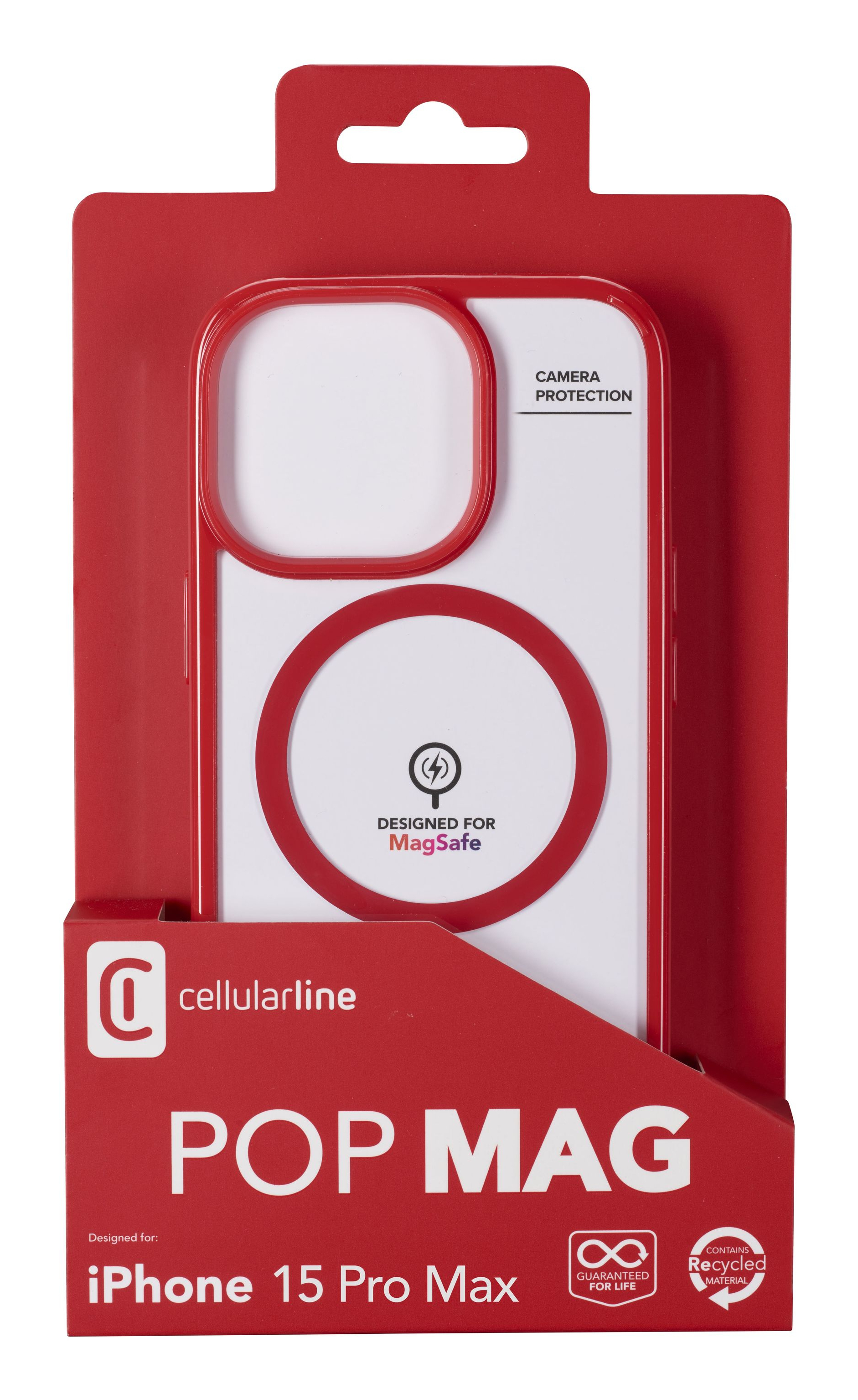 Coque rouge et blanche dans une boîte rouge, conçue pour iPhone 15 Pro Max.